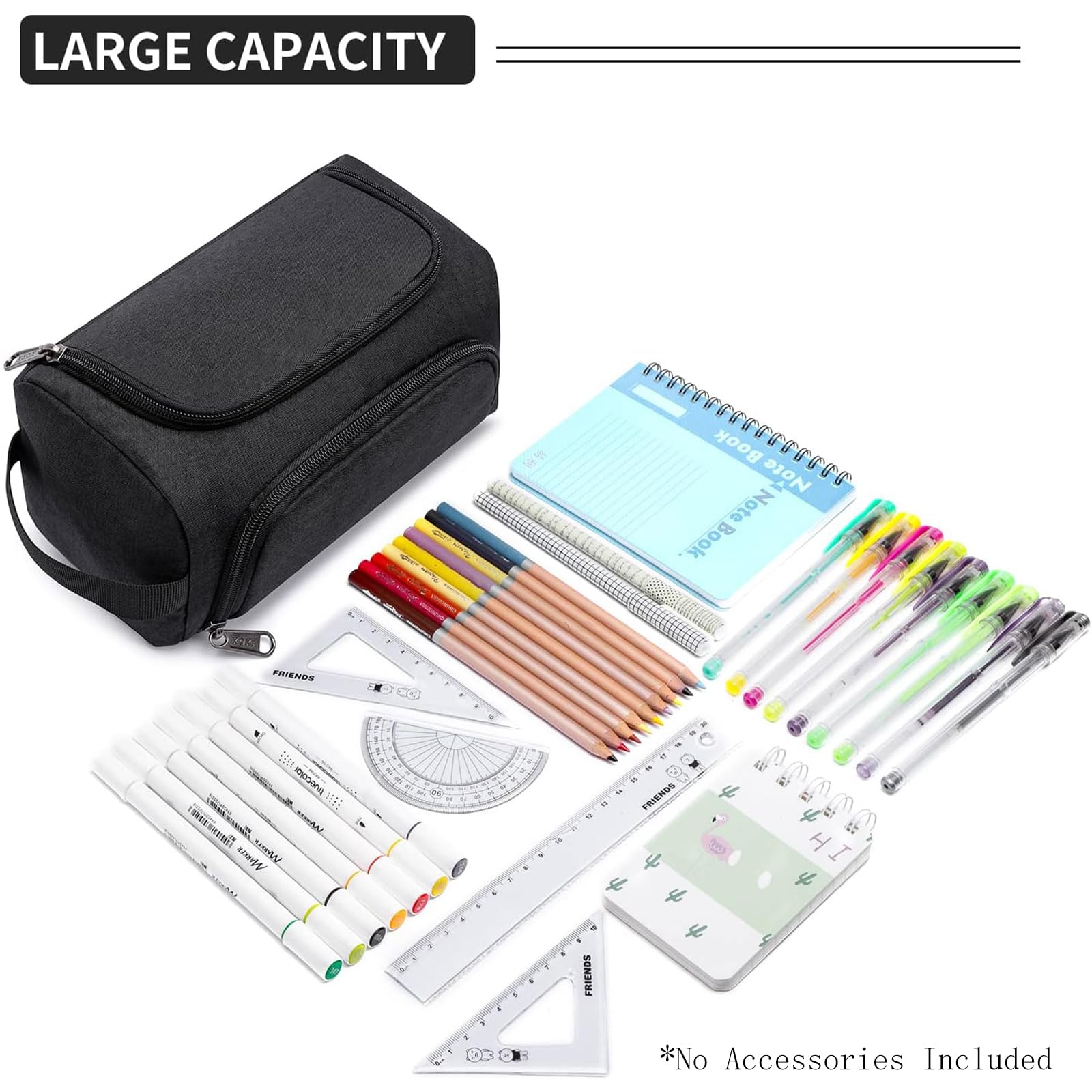 XQXA Large Capacity Pencil Case Organizer Multifunctional Travel Pen Bag Black