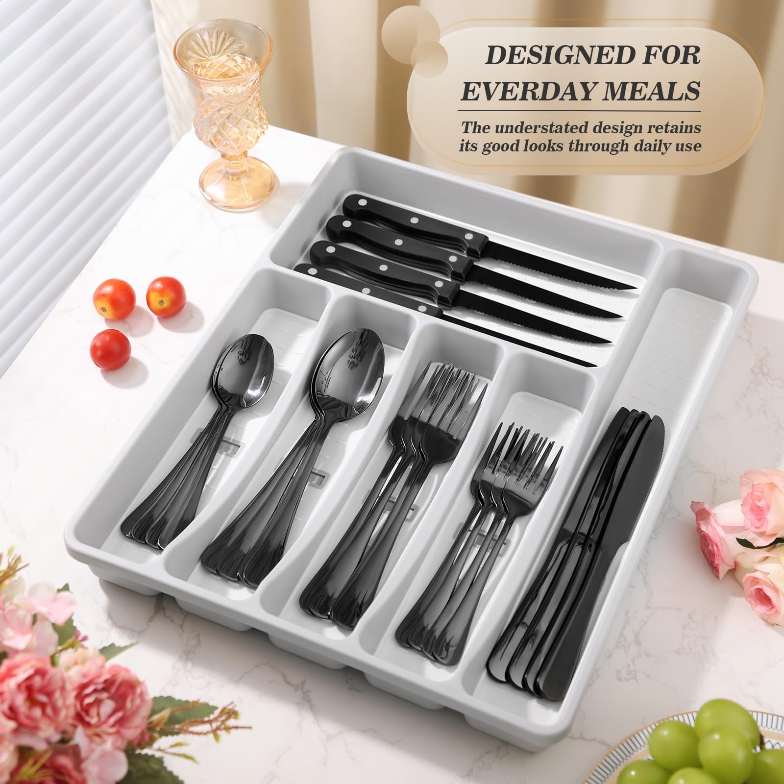 CherHome 25-Piece Black Stainless Steel Silverware Set with Organizer Tray