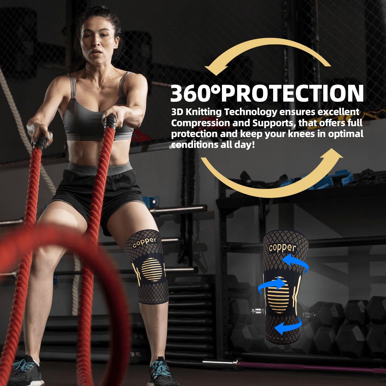 Lusenone Copper Knee Brace Compression Sleeve 2 Pack Copper-Black Size XL