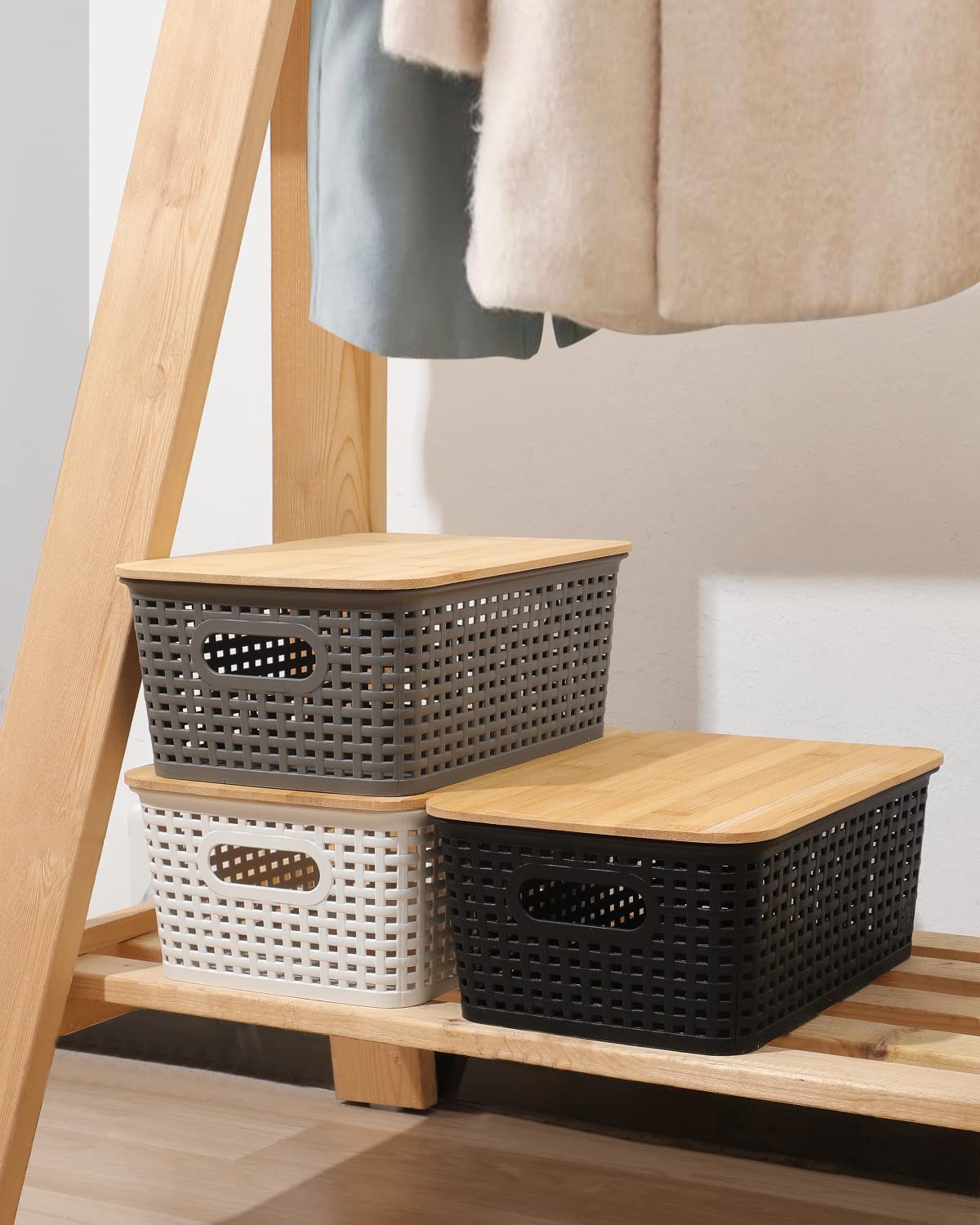 AREYZIN Storage Bins with Bamboo Lids Set of 6 Black Plastic Organizer