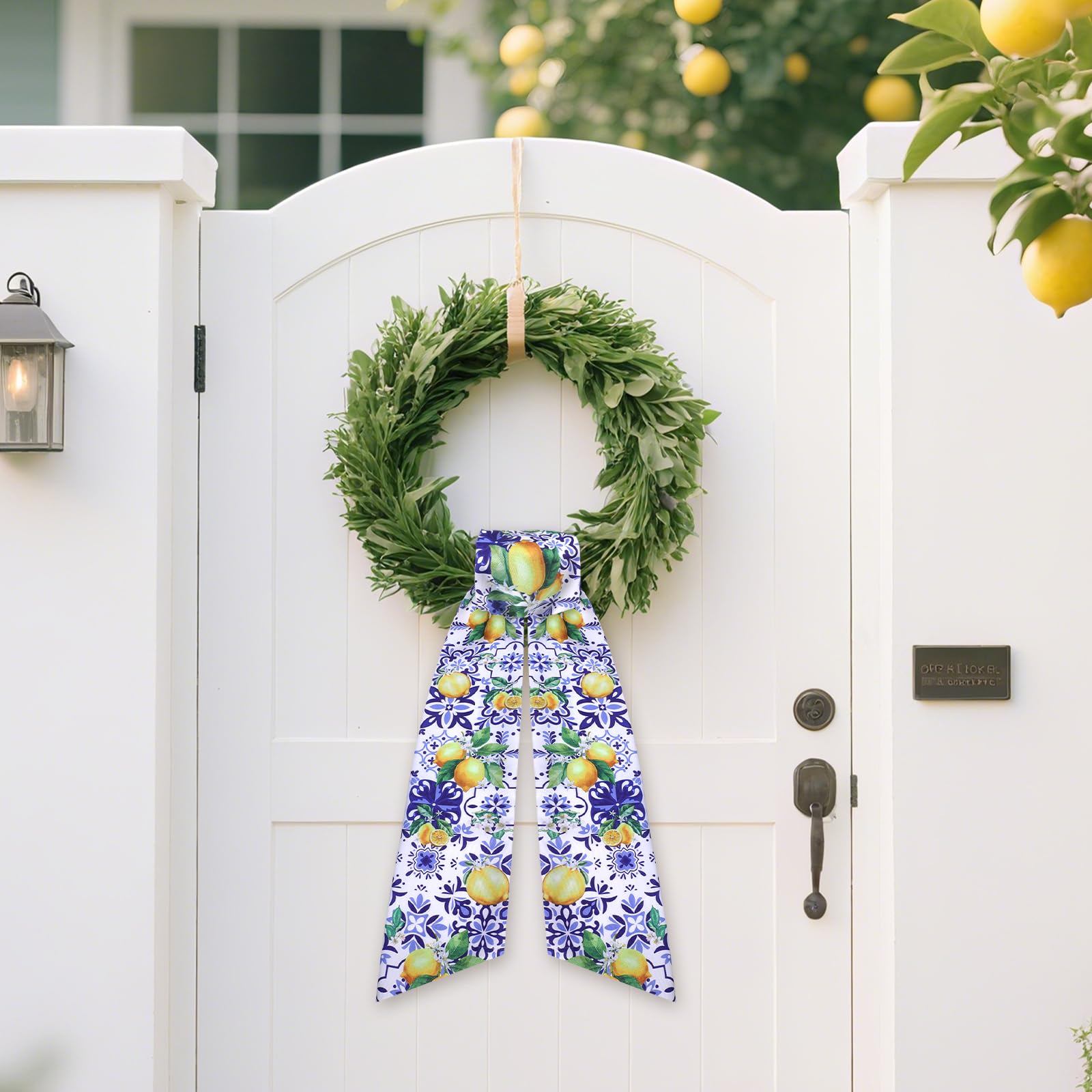 PartyforU Lemon Wreath Sash 60in Yellow-Blue 2 Pc Summer Door Decor