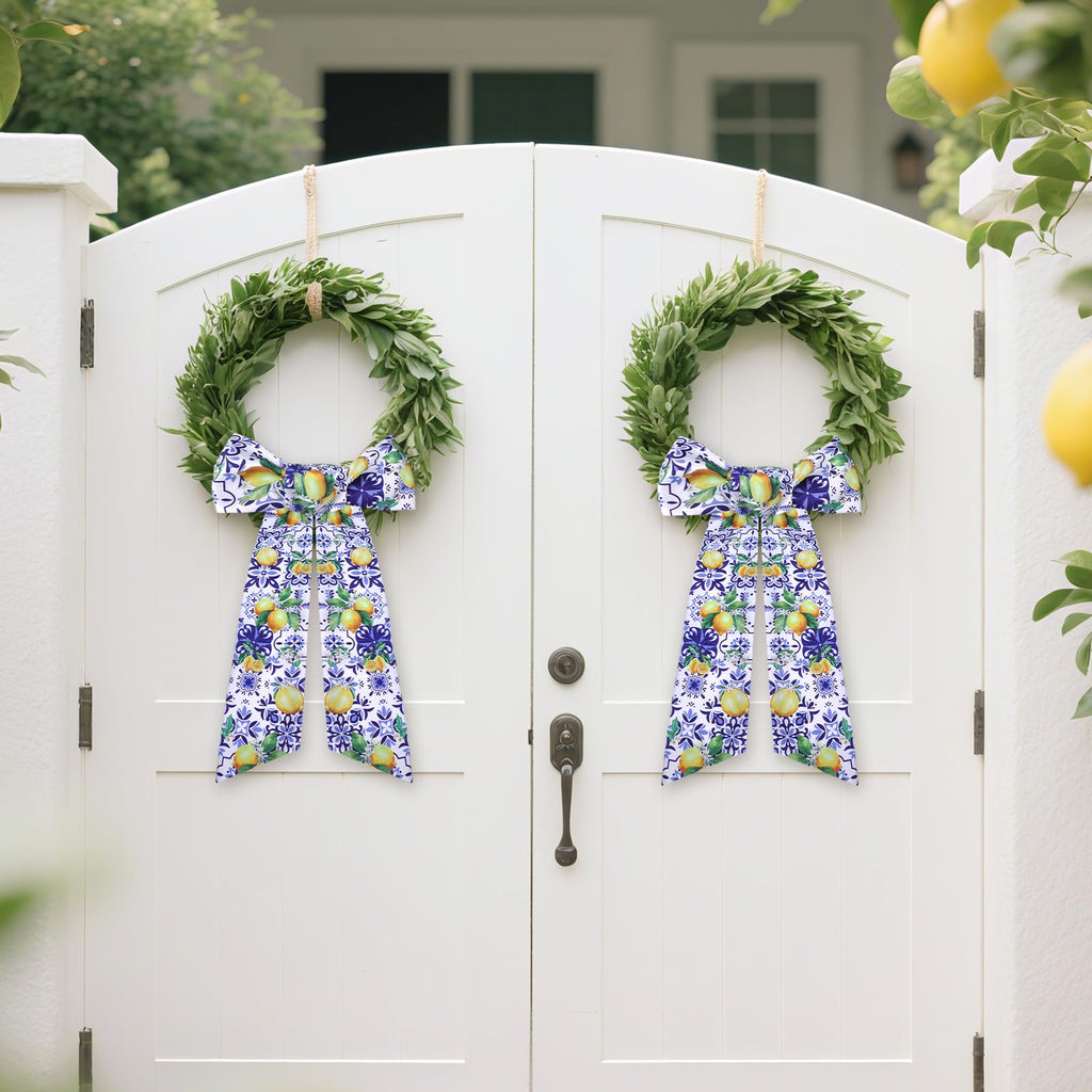 PartyforU Lemon Wreath Sash 60in Yellow-Blue 2 Pc Summer Door Decor