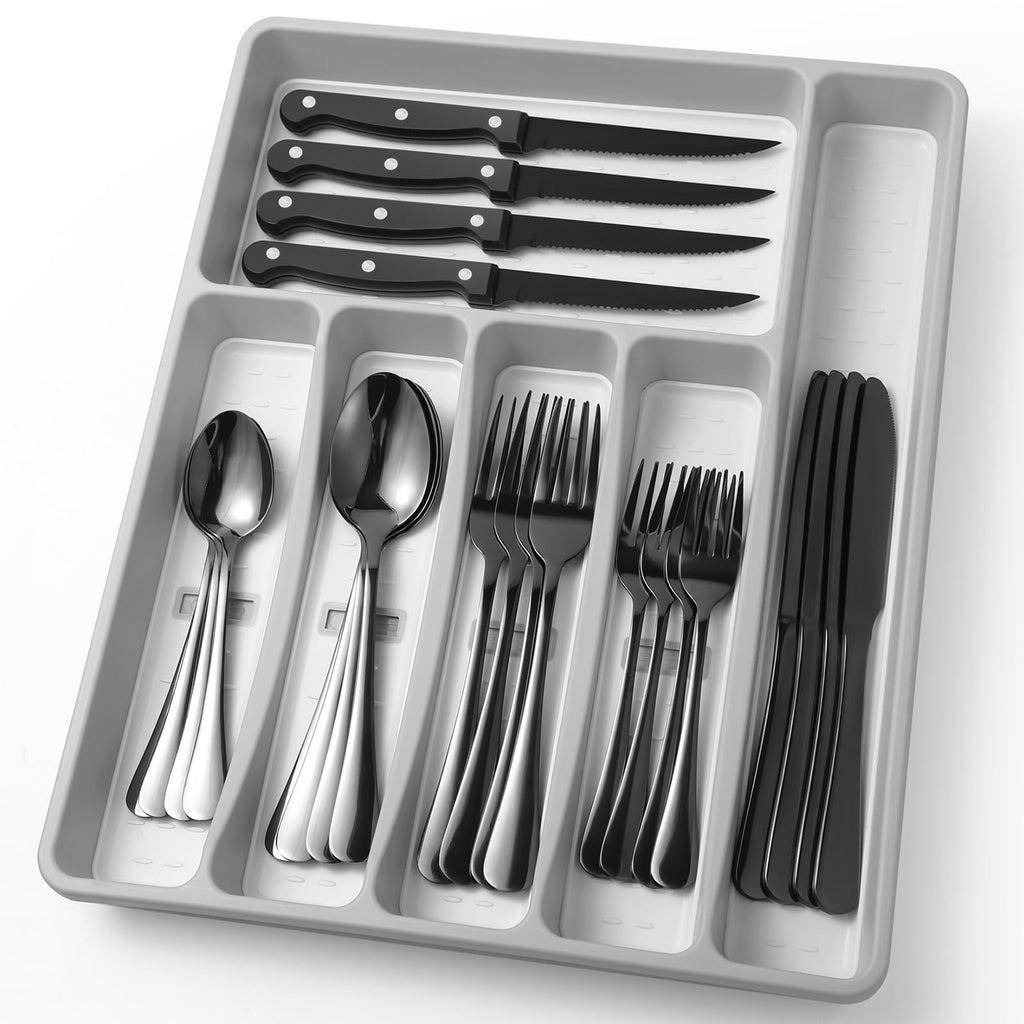 CherHome 25-Piece Black Stainless Steel Silverware Set with Organizer Tray