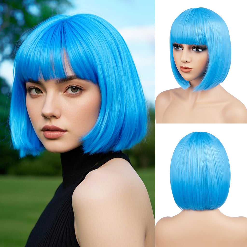 BATISI 12in Short Straight Bob Wig Neon Blue Synthetic Flat Bangs