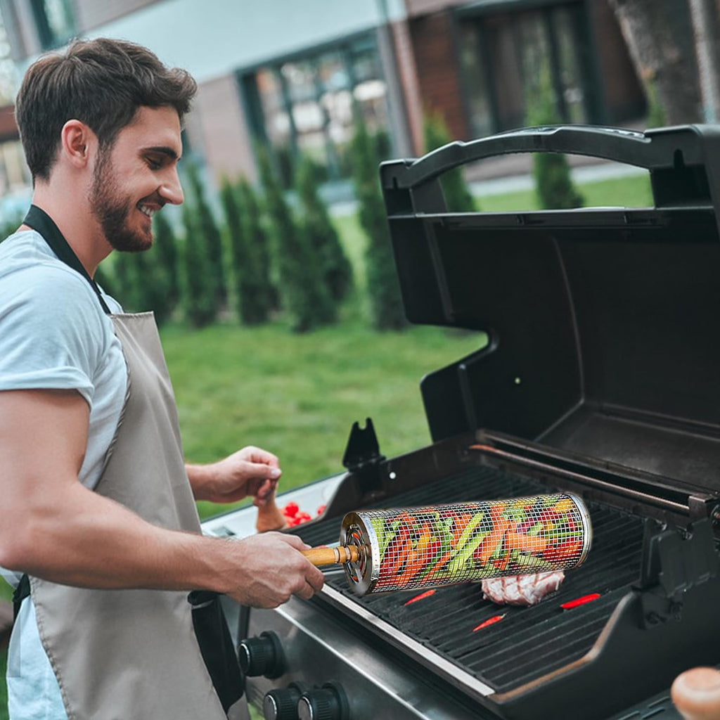 2 PCS Rolling Grill Baskets Stainless Steel BBQ Vegetable Fish Meat Grilling Set