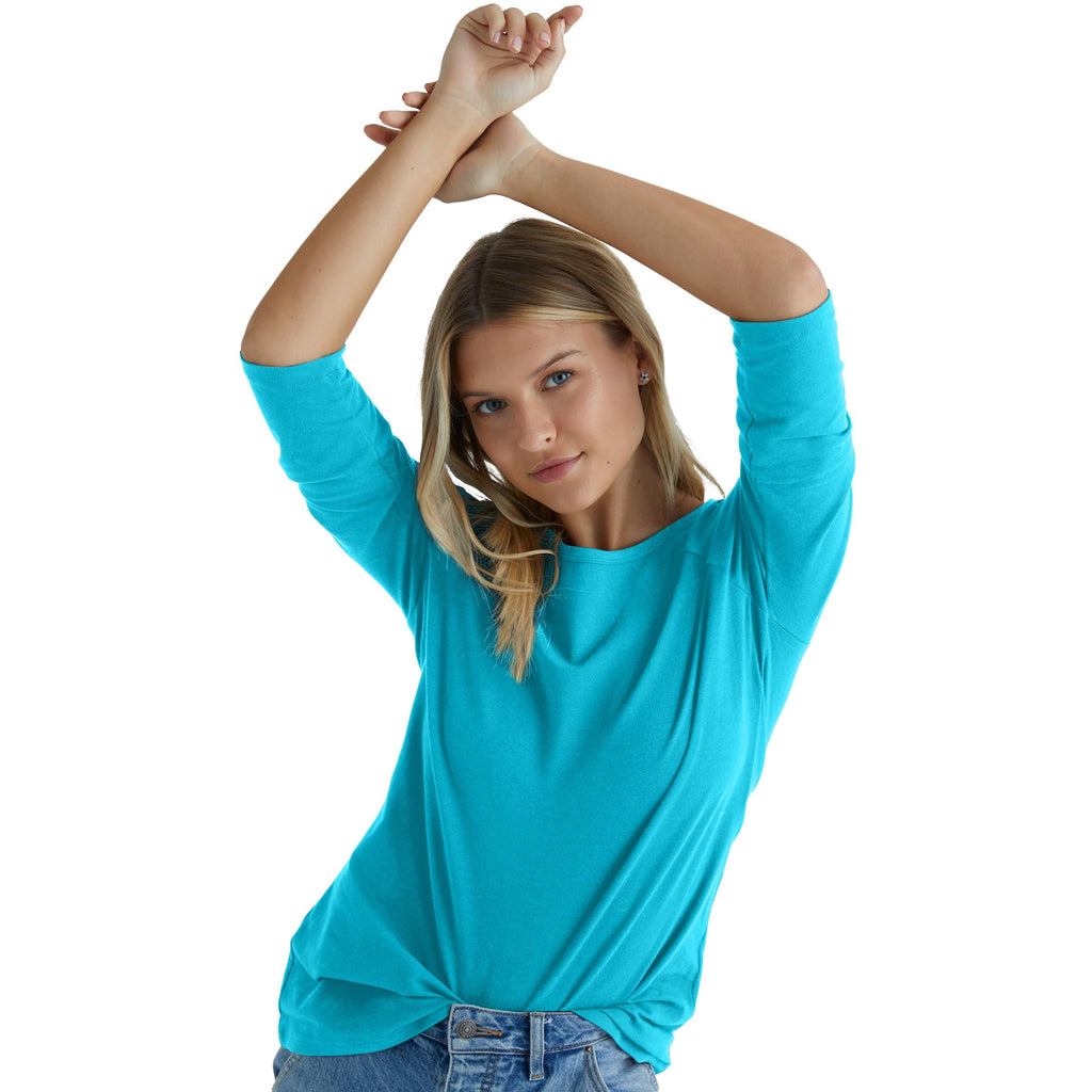 Hanes Womens Stretch Cotton Raglan Sleeve Tee Shirt Flying Turquoise Size S