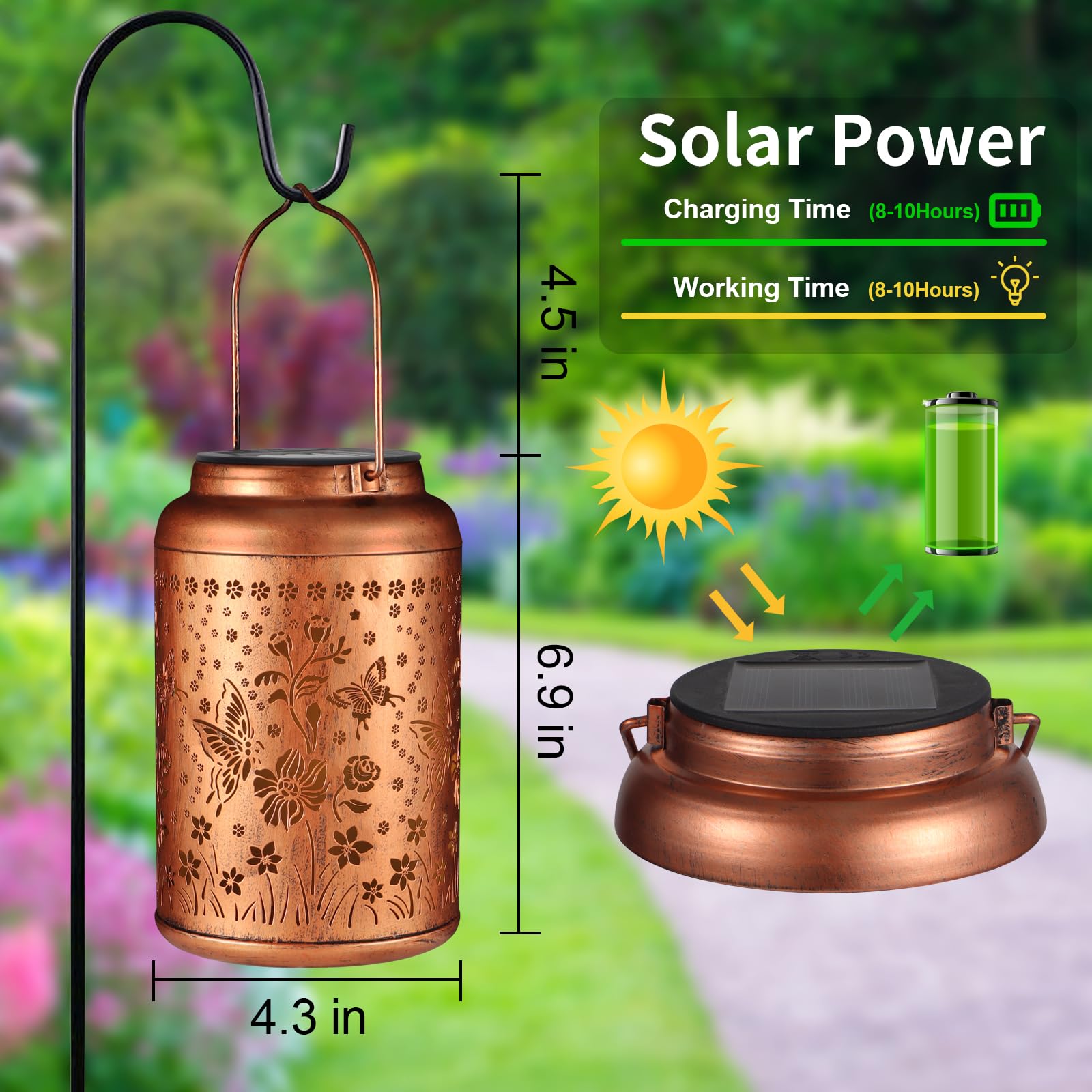 Doorkeer Solar Lantern Outdoor Hanging LED Waterproof Metal Butterfly Decor