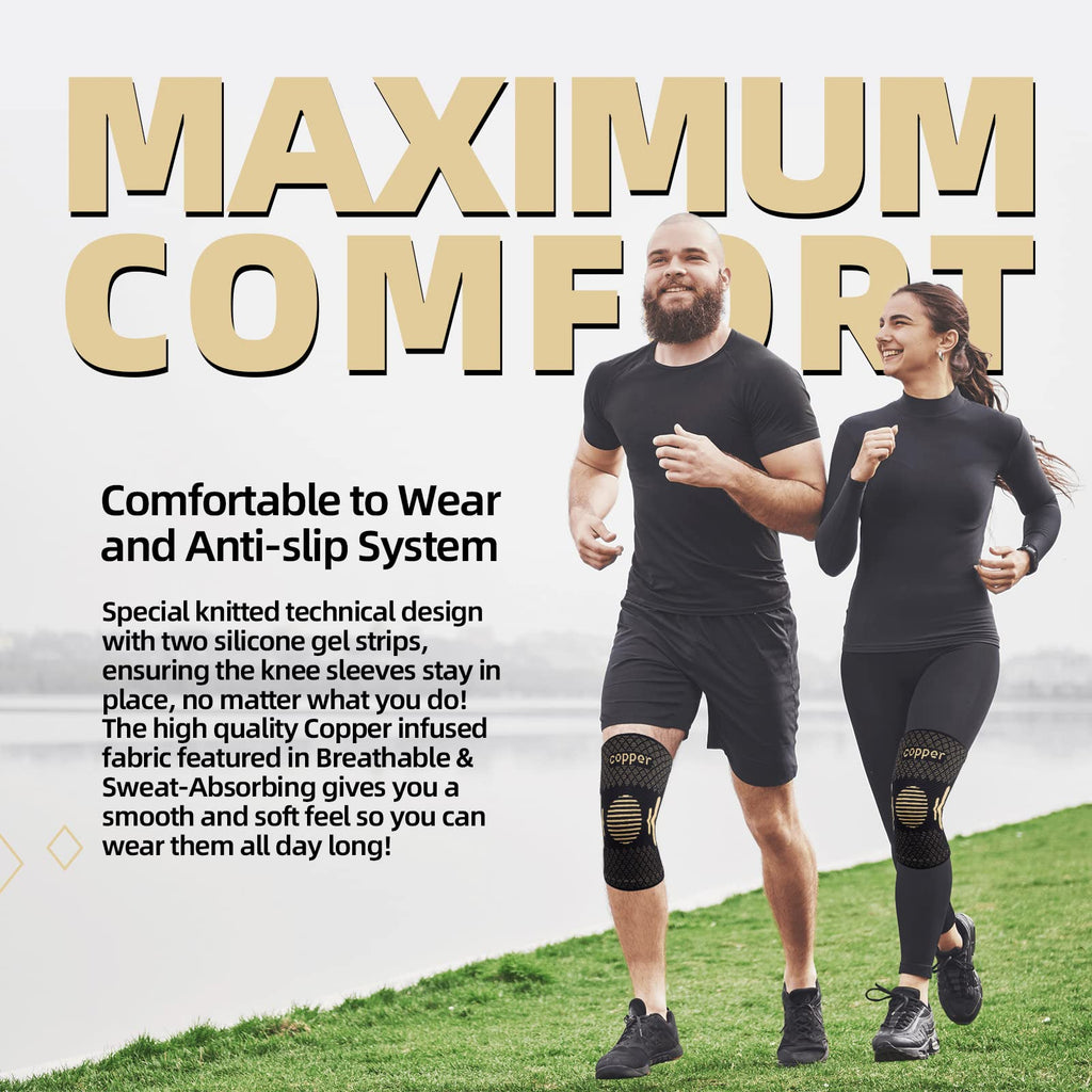 Lusenone Copper Knee Brace Compression Sleeve 2 Pack Copper-Black Size XL