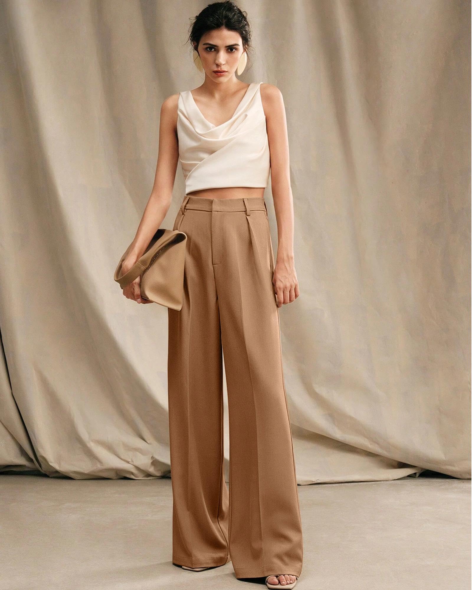 XISOXU Womens Wide Leg High Waist Palazzo Pants Khaki Size S
