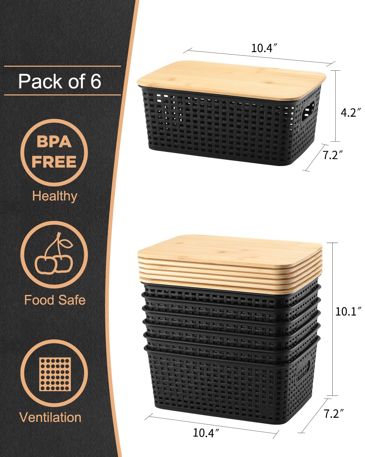AREYZIN Storage Bins with Bamboo Lids Set of 6 Black Plastic Organizer