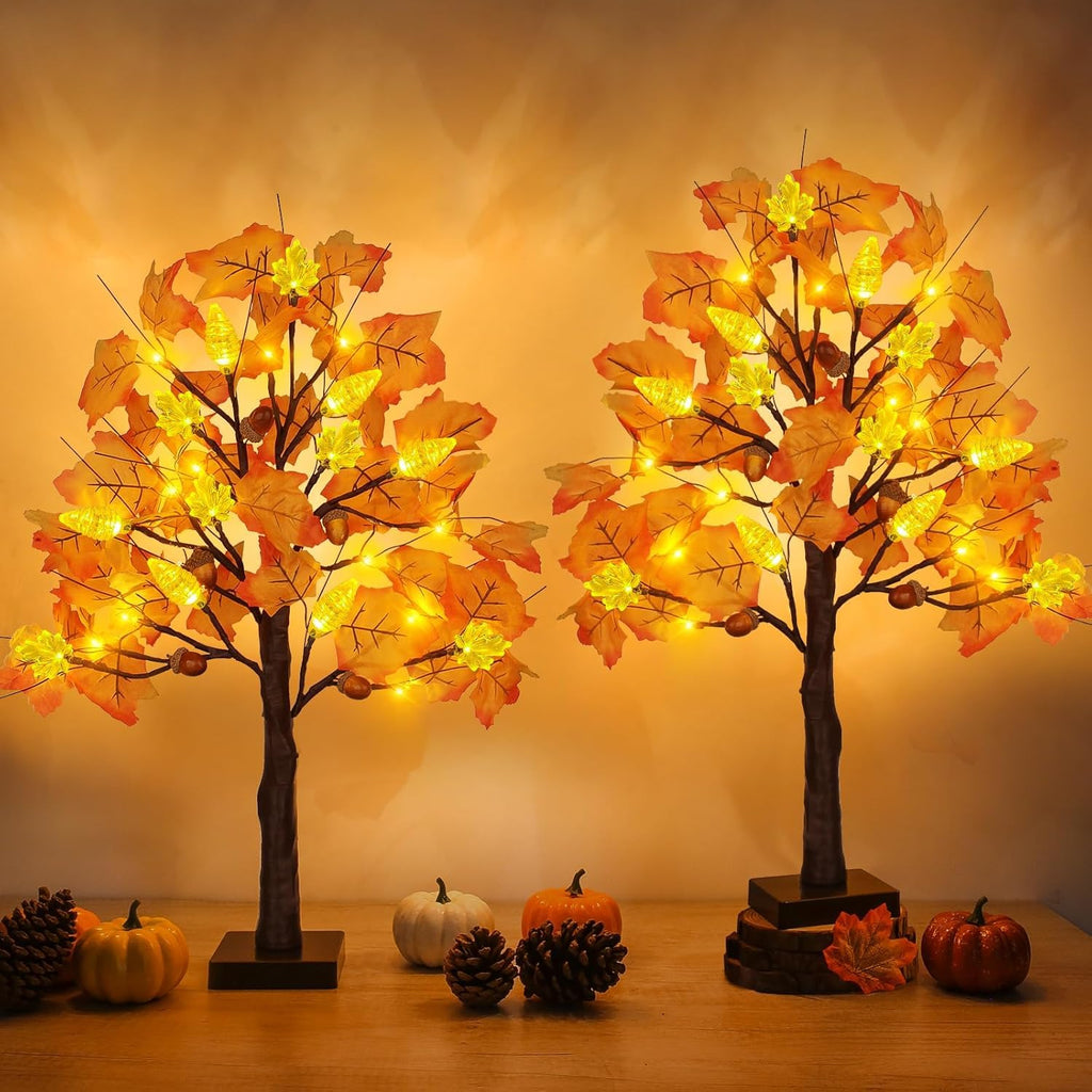 SURCVIO 2 Pack 24in Prelit Fall Maple Tree Decorations 48 LEDs Timer Battery