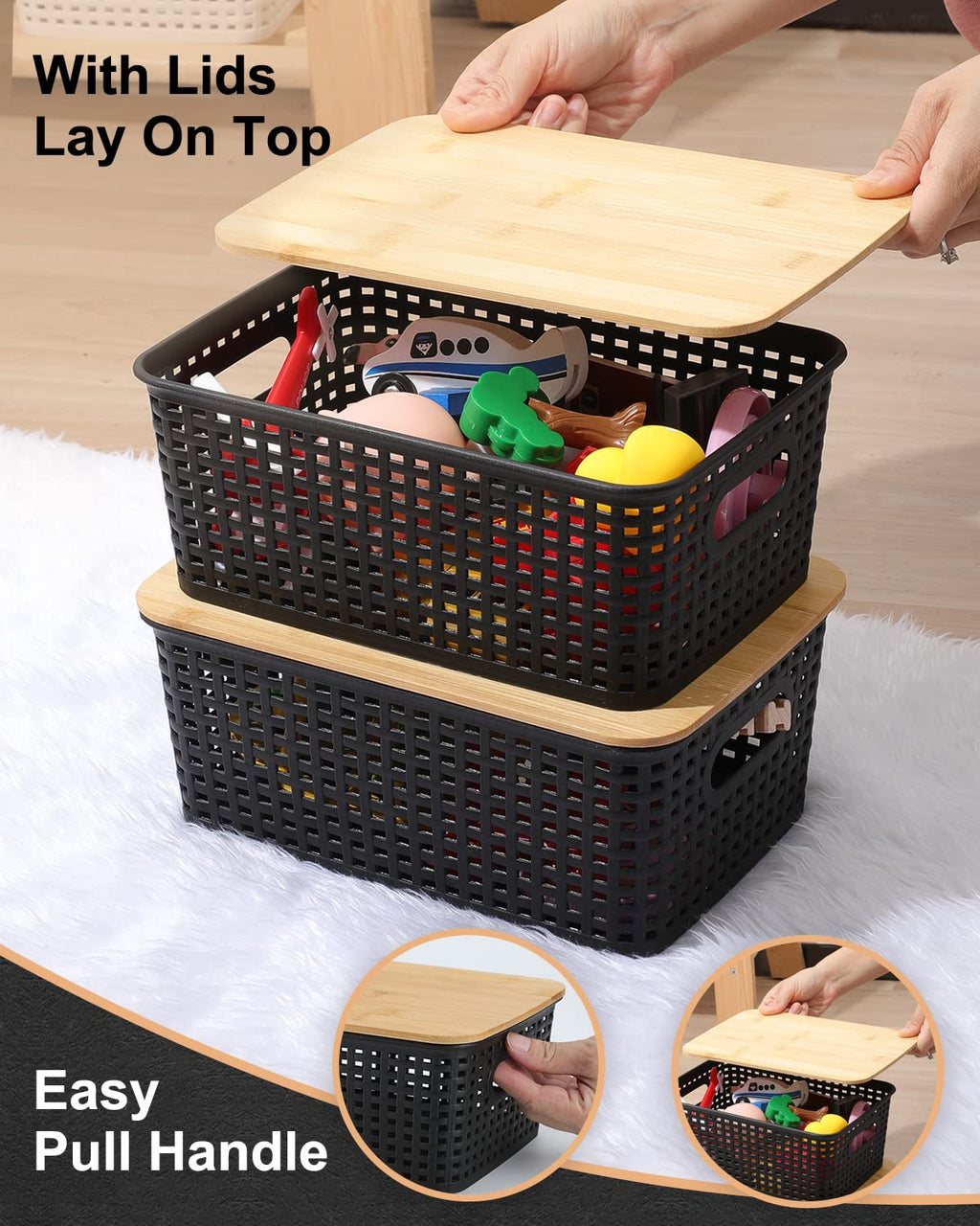 AREYZIN Storage Bins with Bamboo Lids Set of 6 Black Plastic Organizer