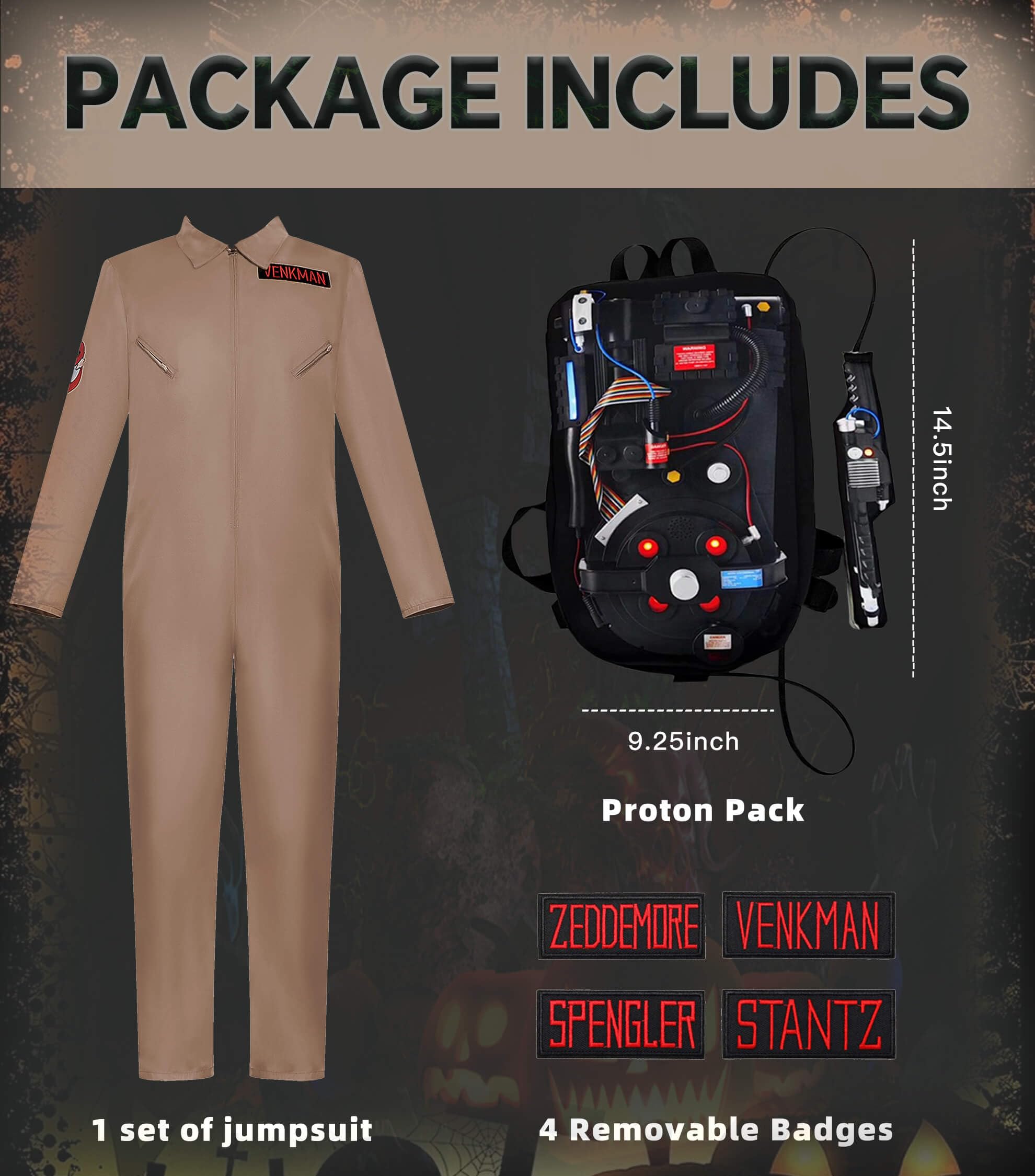 VYXIDEX Men's Deluxe Ghost Movie Busters Halloween Jumpsuit Cosplay Brown Size M