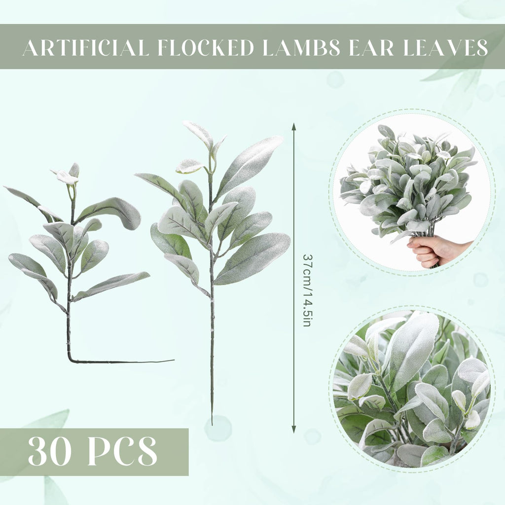 Giegxin 30 Pcs Artificial Flocked Lambs Ear Leaves 14.5" Gray Green