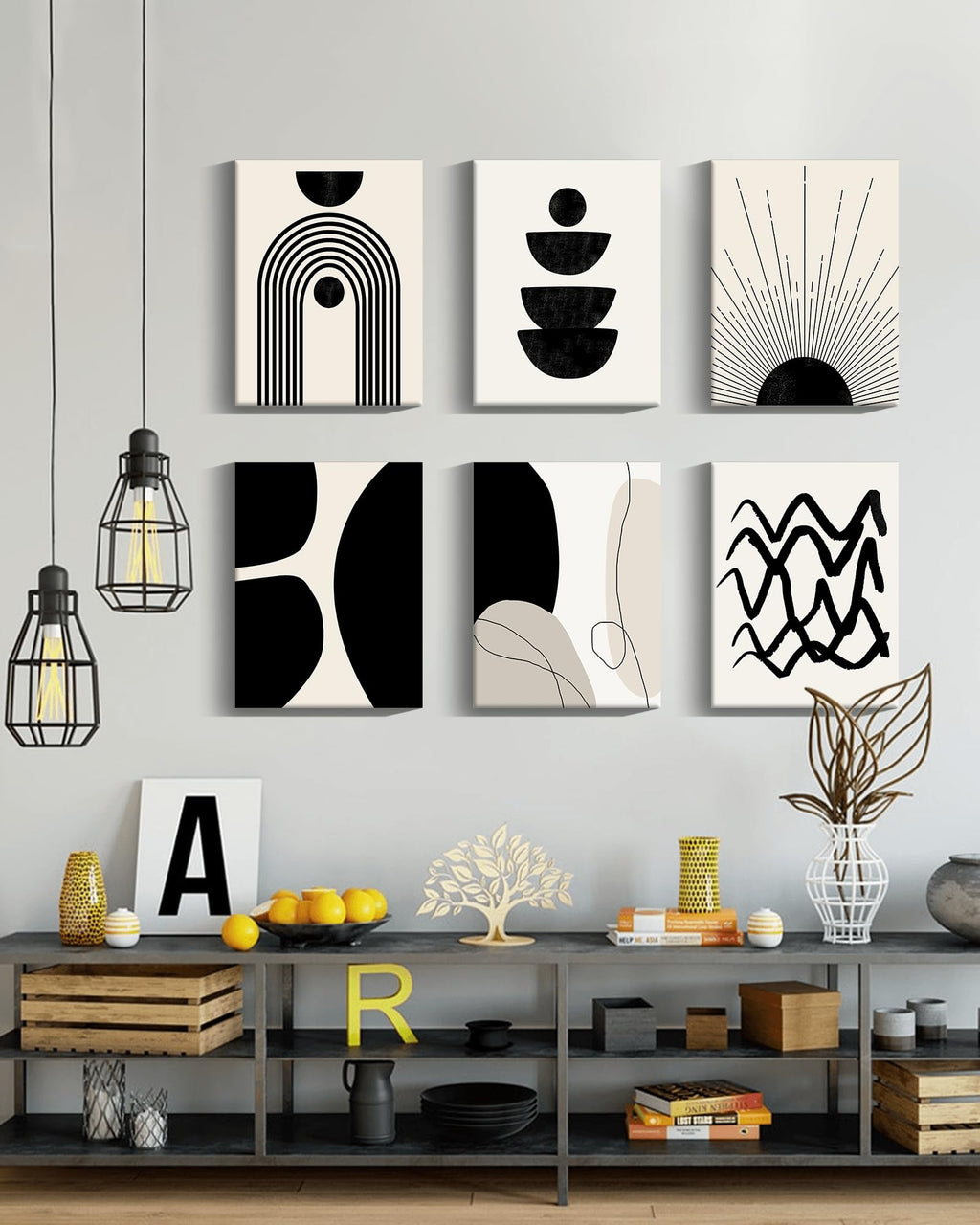 Drsoum Abstract Boho Geometric Framed Wall Art 12x16in Black Brown Beige