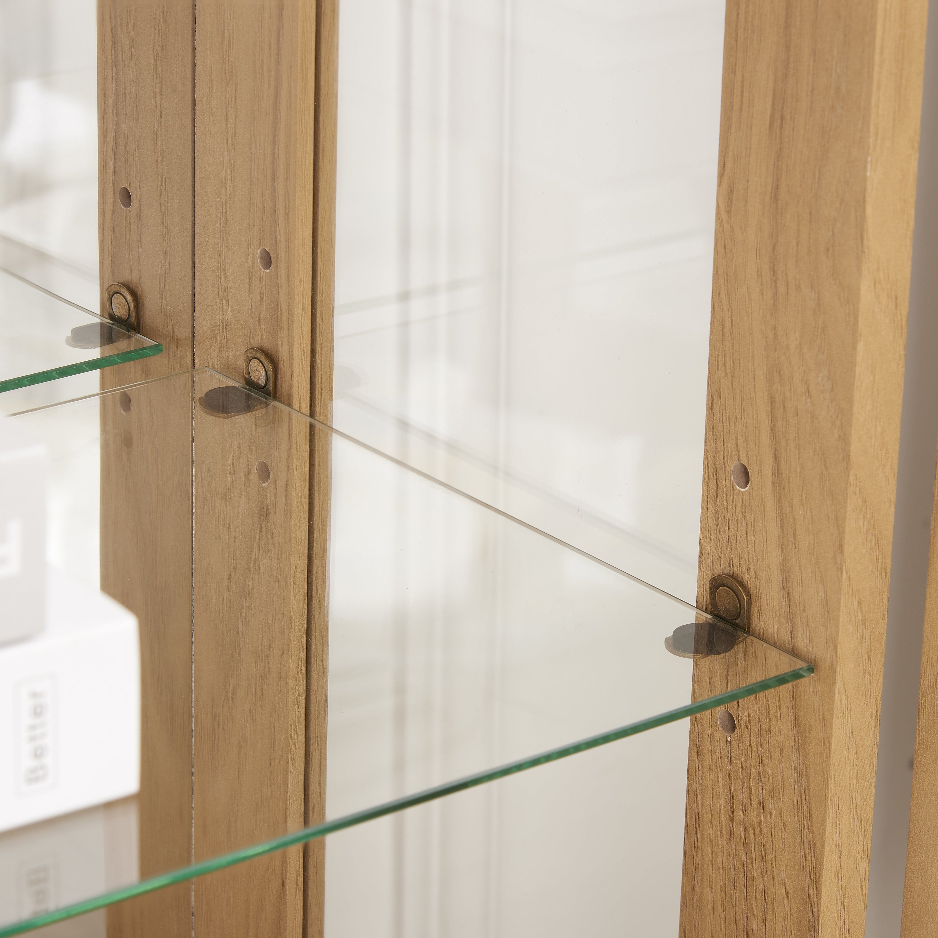 Dual door Curio cabinet with tempered glass doors, mirrored back panel and adjustable shelves, home lighting display cabinet Oak