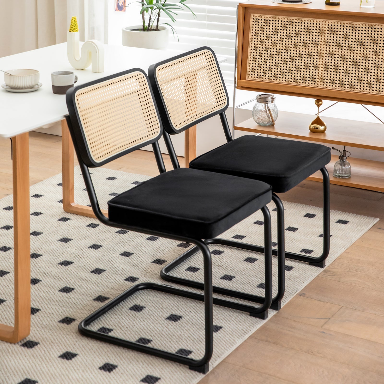 Dining Chairs Set of 2 velvet wicker side decorative chairs, black painted legs, modern medieval Bruell designed chairs,