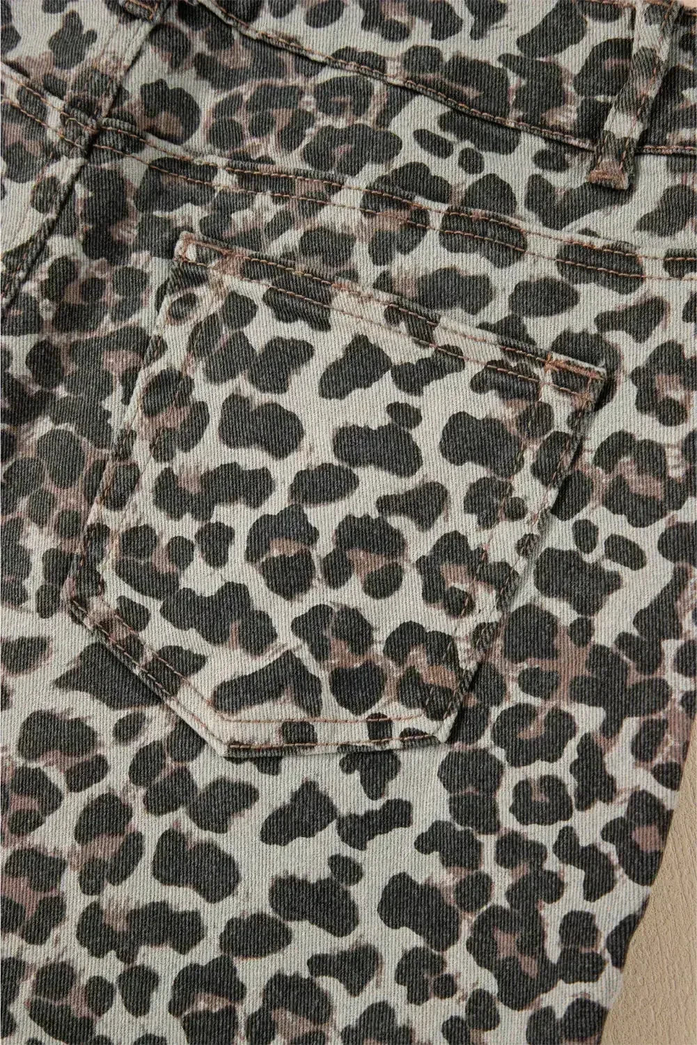 Khaki Allover Leopard Print Denim Mini Skirt