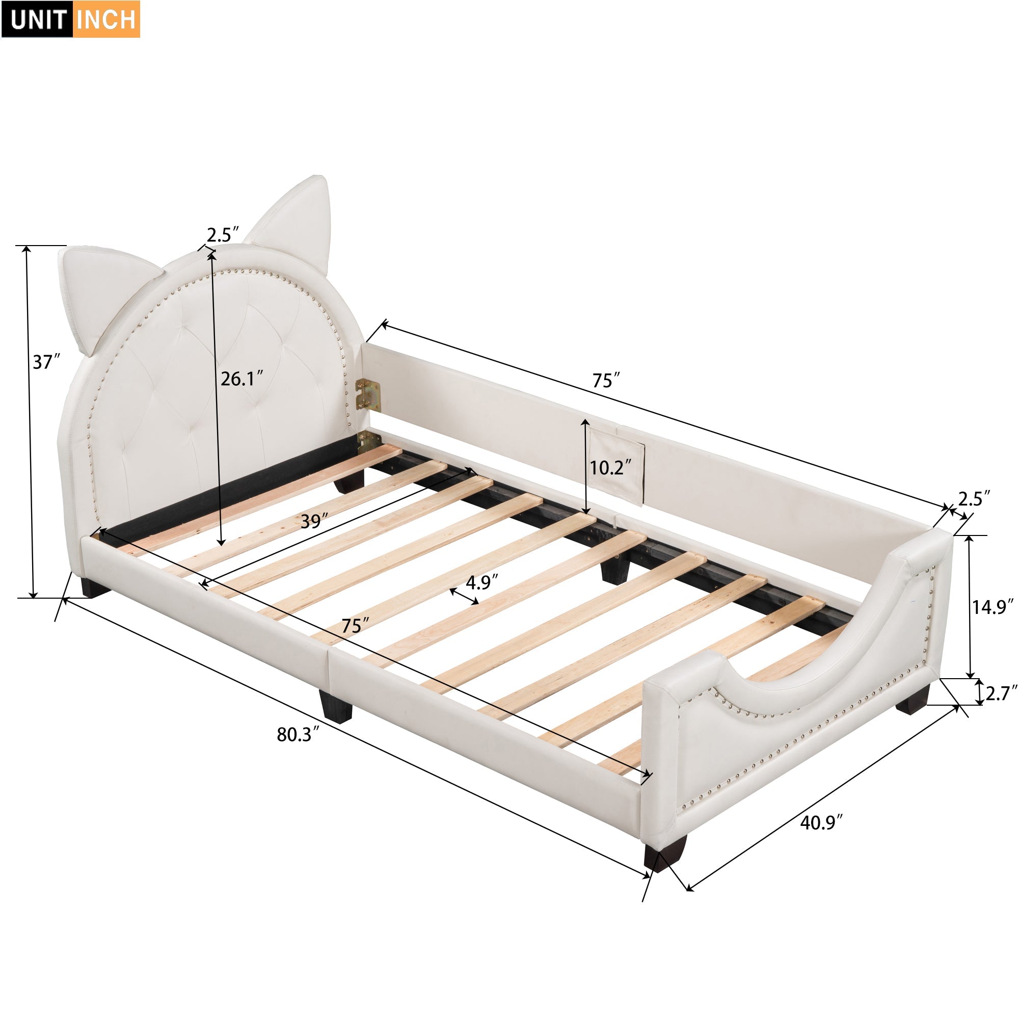 Twin Size Upholstered Daybed with Carton Ears Shaped Headboard  White