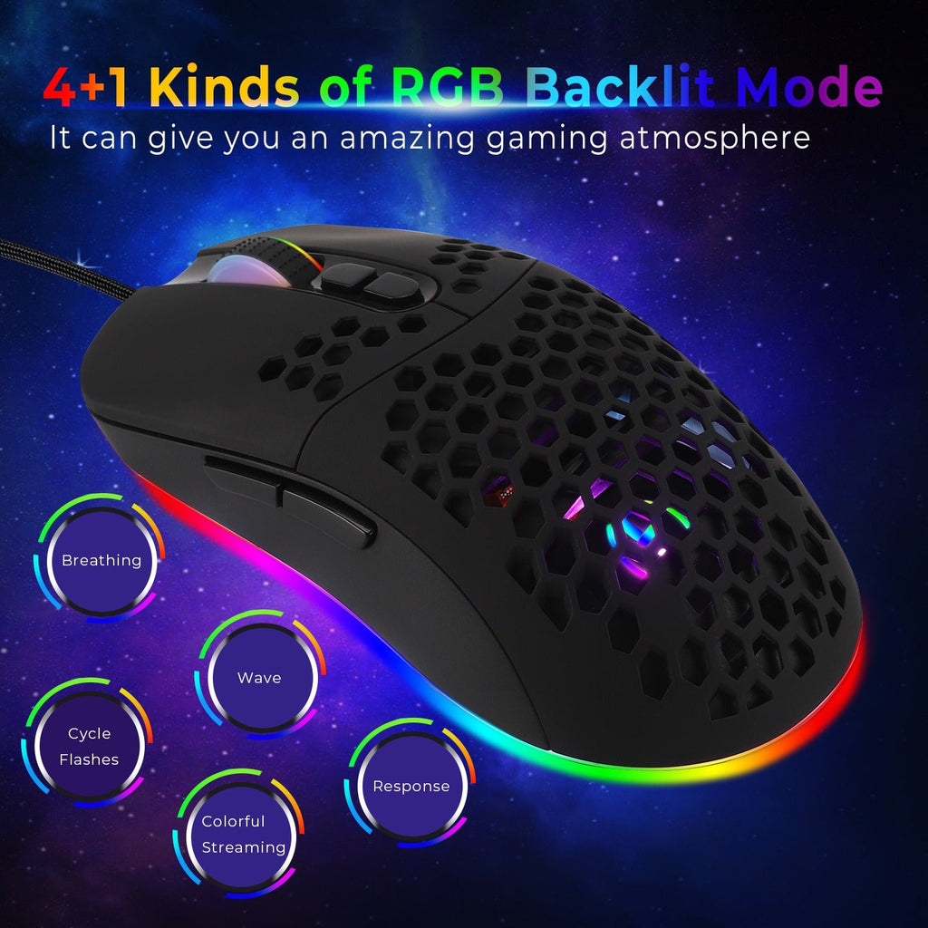 Cave mouse USB-C luminous RGB wired macro programming game mouse with 6 keys to turn off lights