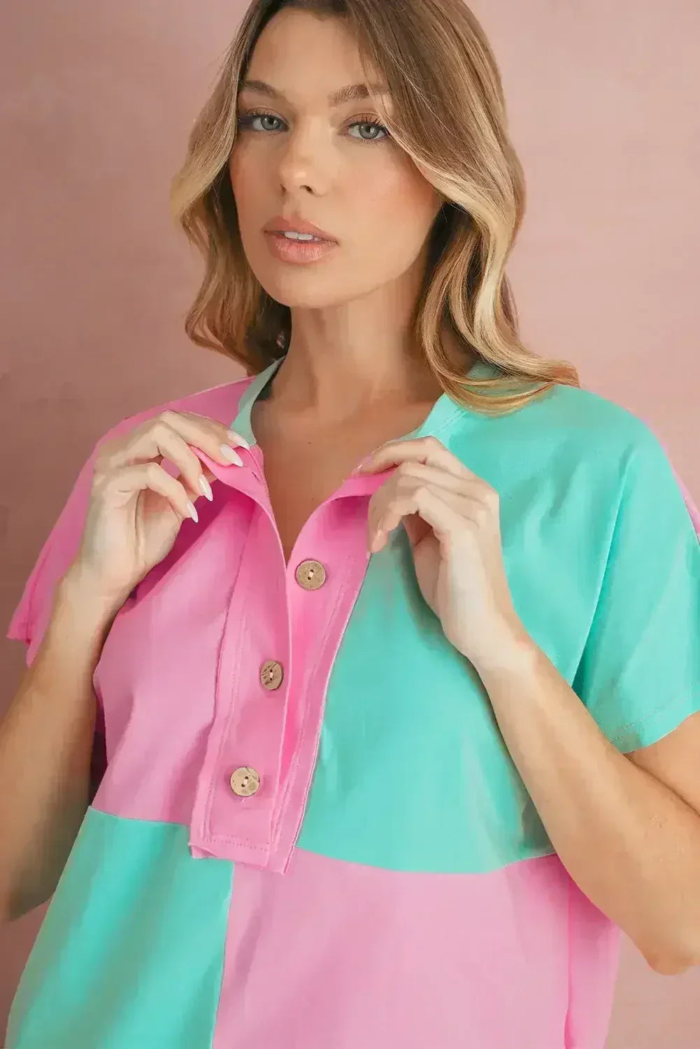 Mint Green Colorblock Half Buttons Henley T Shirt