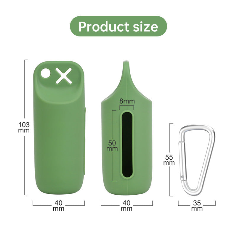 Silicone dog poop bag holder with dispenser, portable, hanging ring & storage case