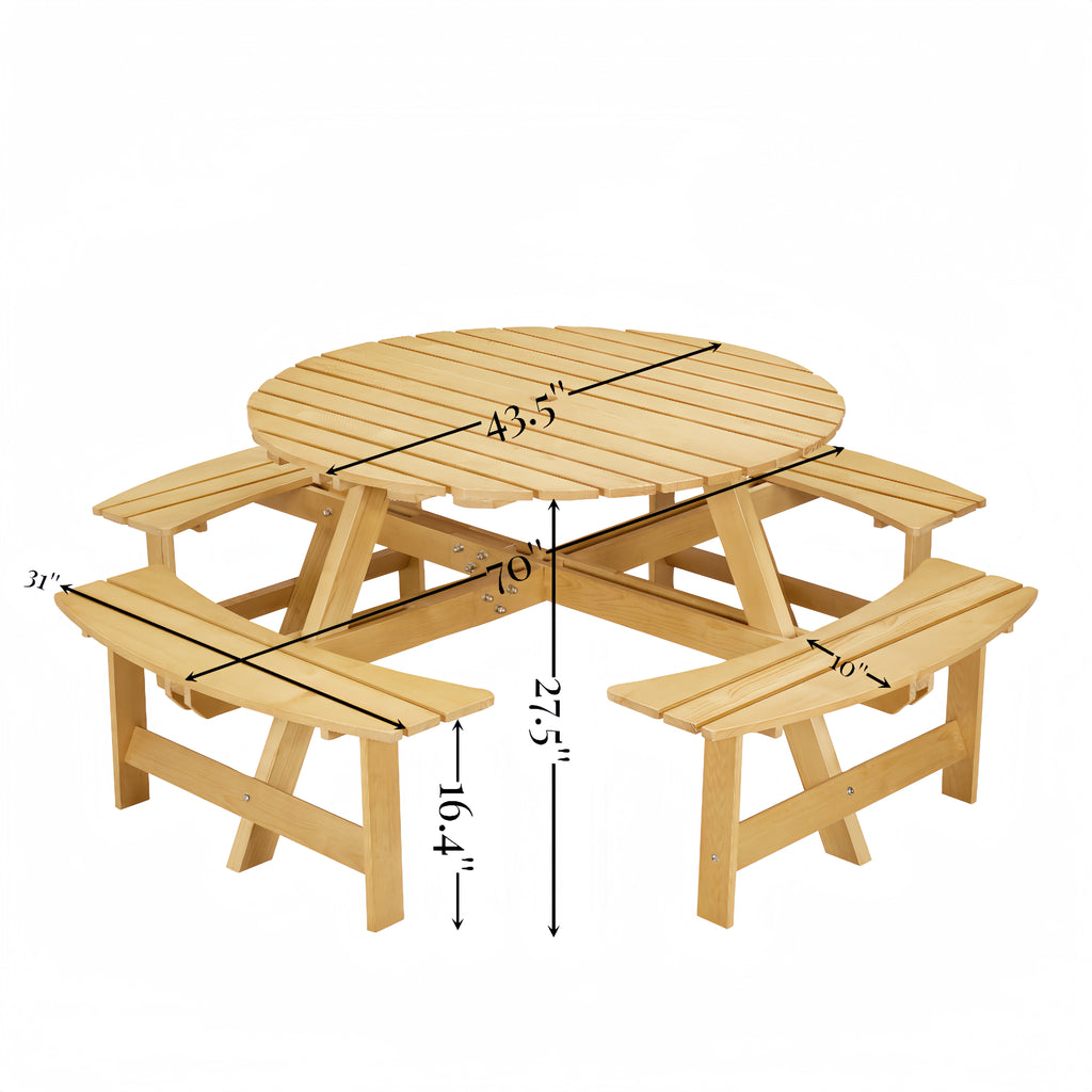 Outdoor picnic table for 8 people, circular picnic table for 8 people, with 4 embedded bench tables and bench sets