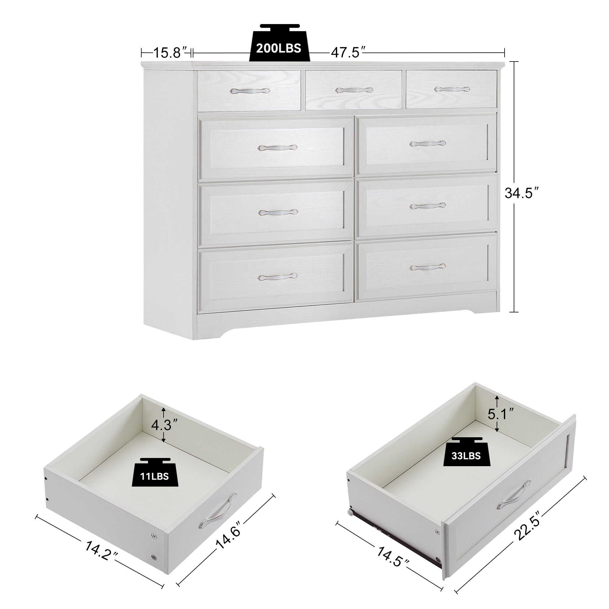 Bedroom dresser 9 drawer long dresser with antique handles wood chest of drawers for kids room 47.56''W x 15.75''D x 34.45''H