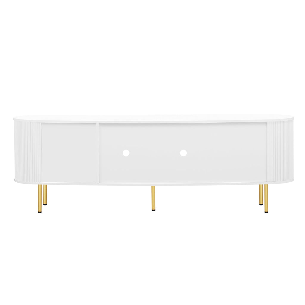 U-Can Modern TV Stand for TVs up to 80 Inches, Entertainment Center with 4 Cabinets, Wood with Metal Legs and Handles White