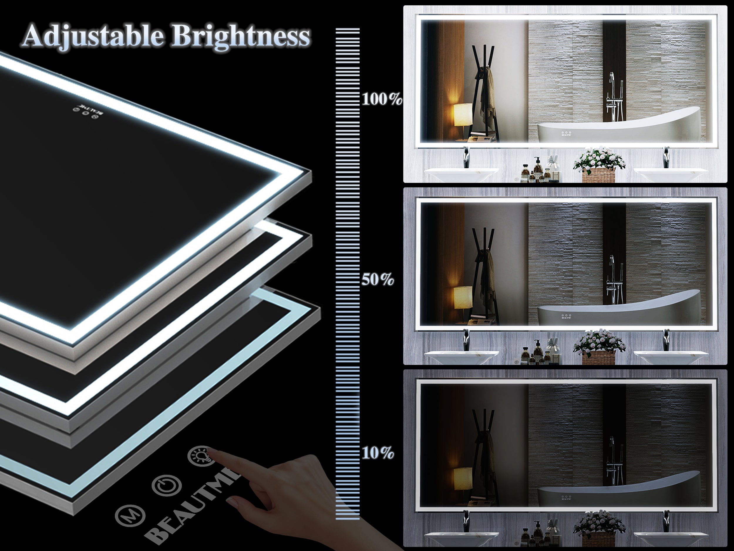 72X32 inch large LED bathroom mirror wall mounted mirror with 3 color modes, aluminum frame wall mounted light, full body mirror
