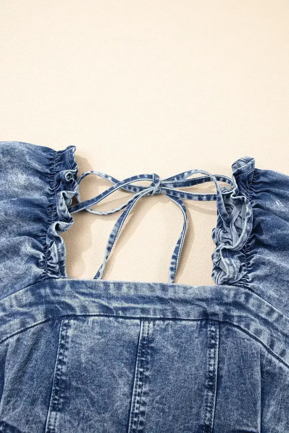 Blue Frill Square Neck Puff Sleeve Backless Denim Dress