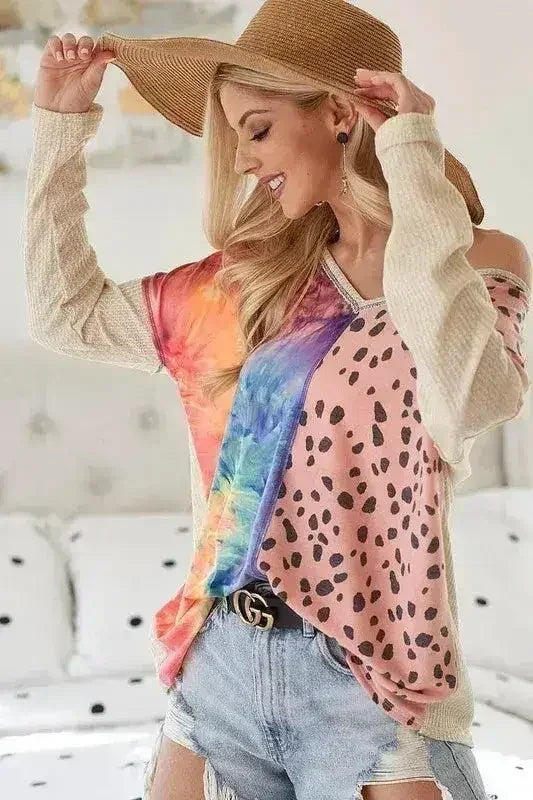 BiBi Print Block V Neck Top with Contrast Stitching