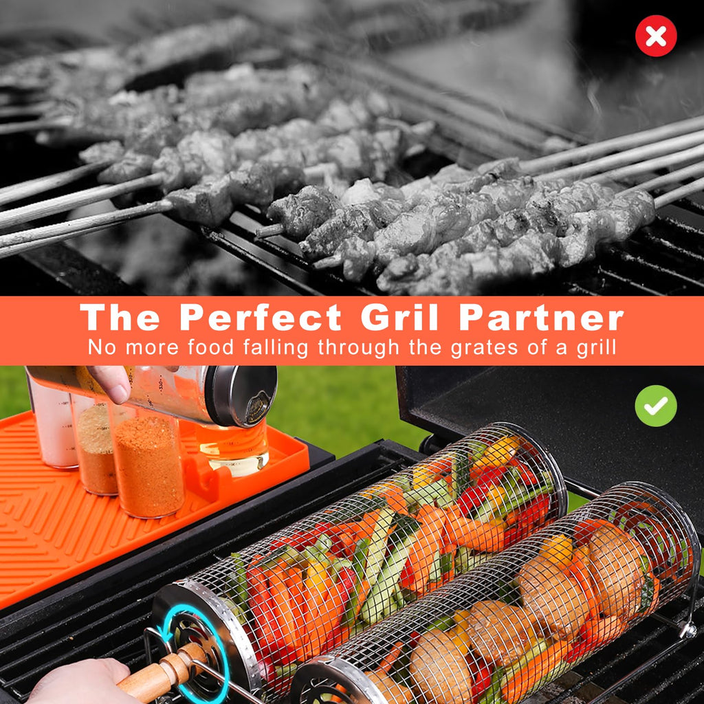 2 PCS Rolling Grill Baskets Stainless Steel BBQ Vegetable Fish Meat Grilling Set