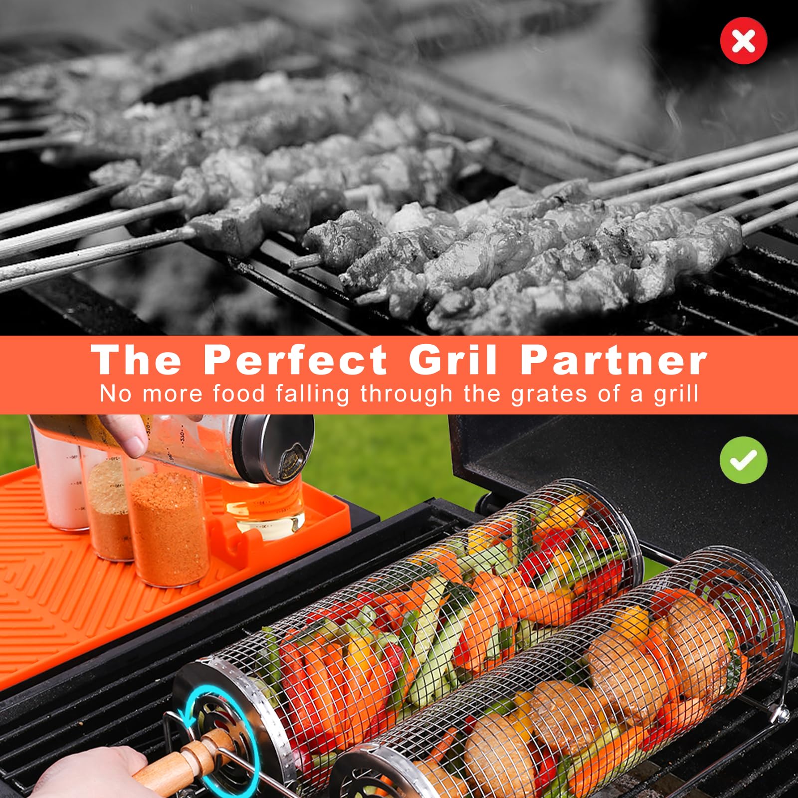 2 PCS Rolling Grill Baskets Stainless Steel BBQ Vegetable Fish Meat Grilling Set