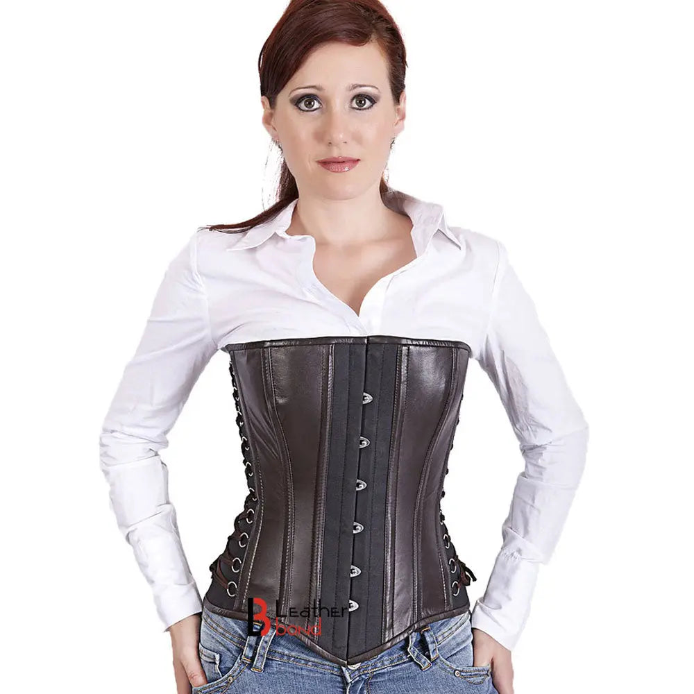 Genuine Real Sheep Leather & Stainless Steel Spiral Bones Over Bust Corset Brown Black