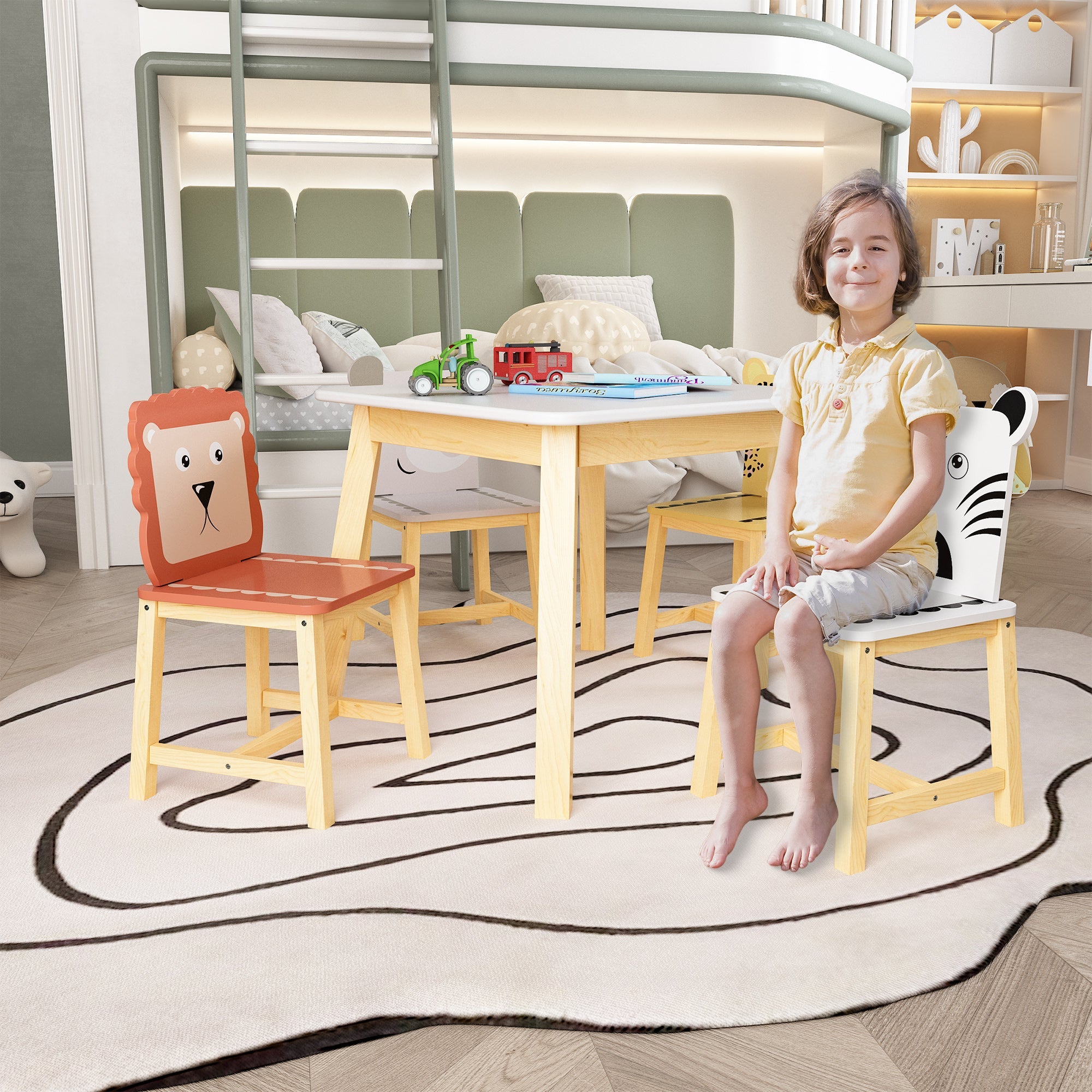 5 Piece Kiddy Table and Chair Set  Kids Wood Table with 4 Chairs Set Cartoon Animals (bigger table) (3-8 years old)