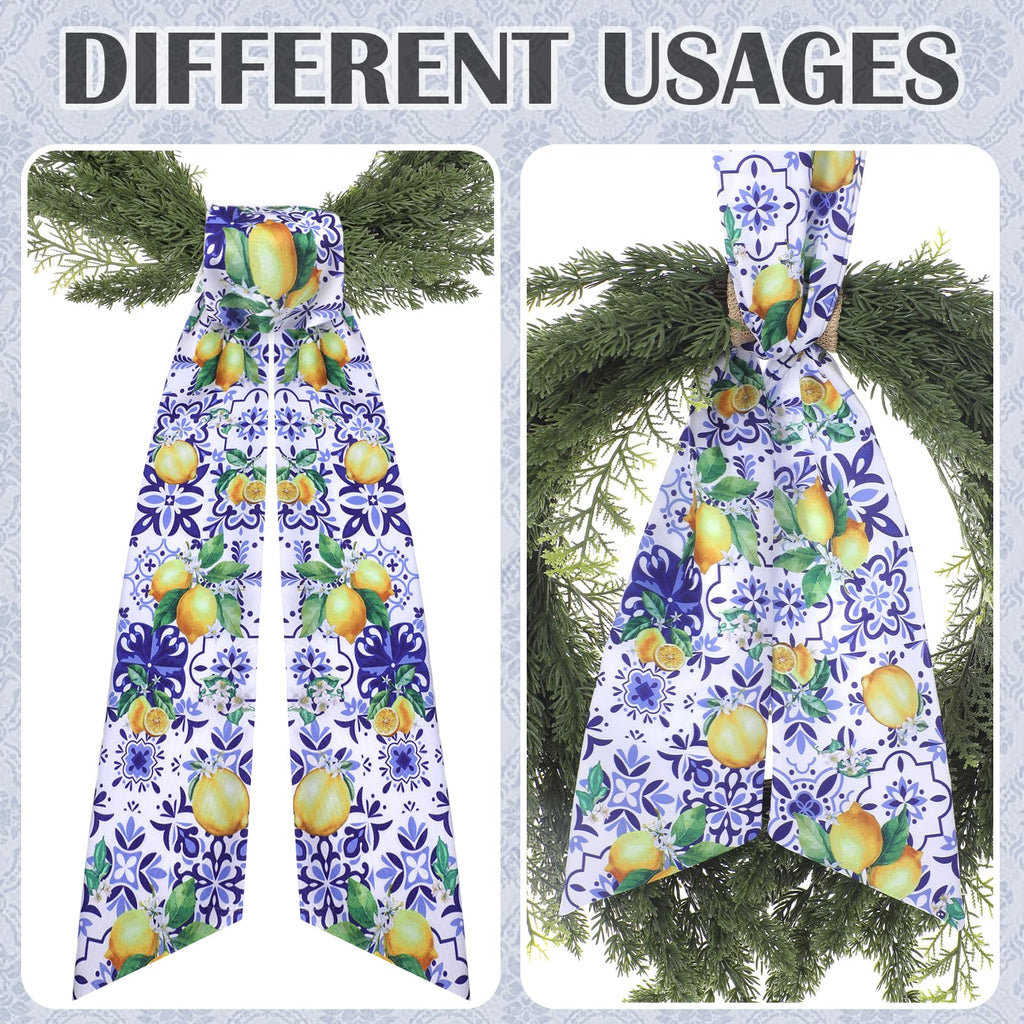 PartyforU Lemon Wreath Sash 60in Yellow-Blue 2 Pc Summer Door Decor