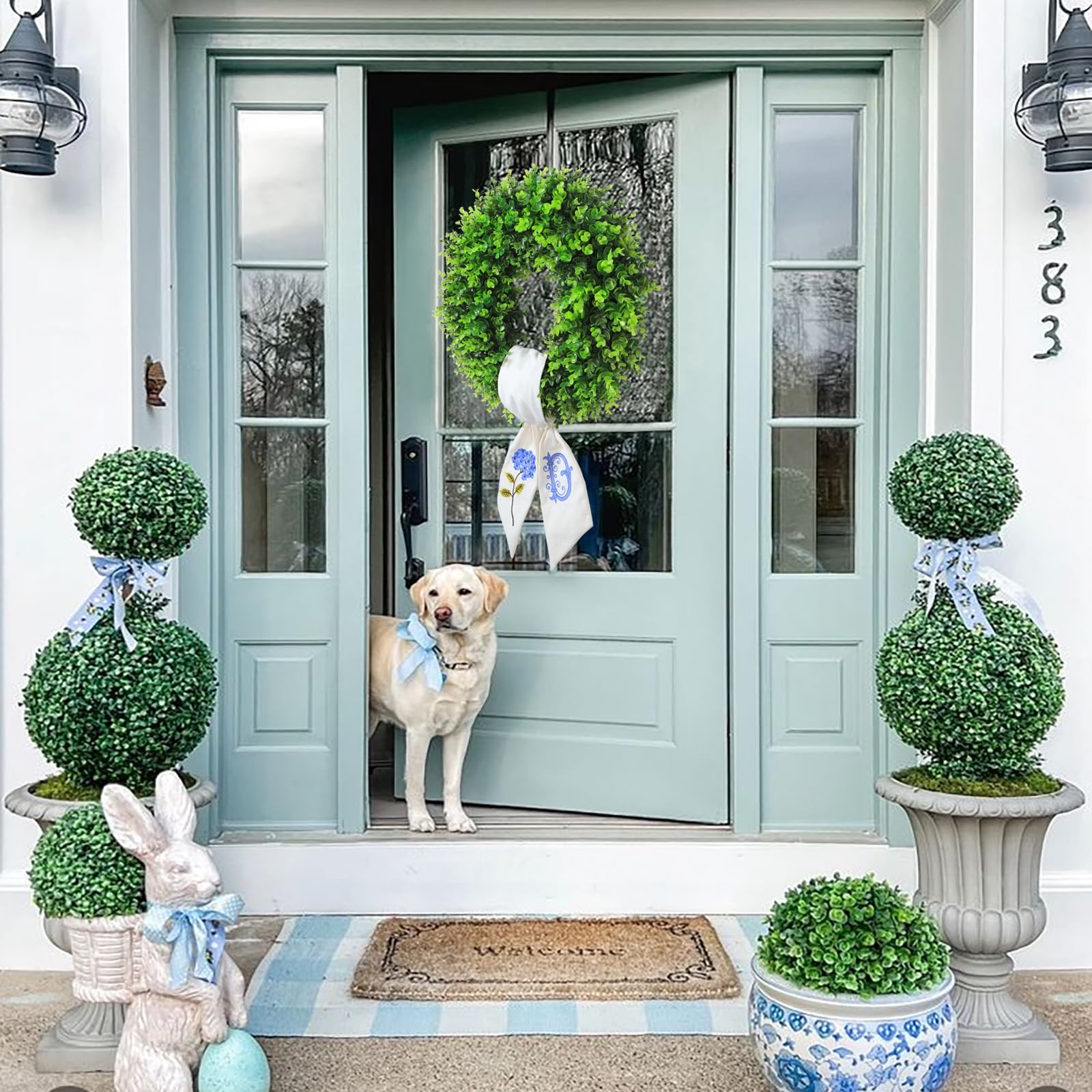 Personalized Boxwood Wreath 20" Front Door Farmhouse Porch Decor Monogram