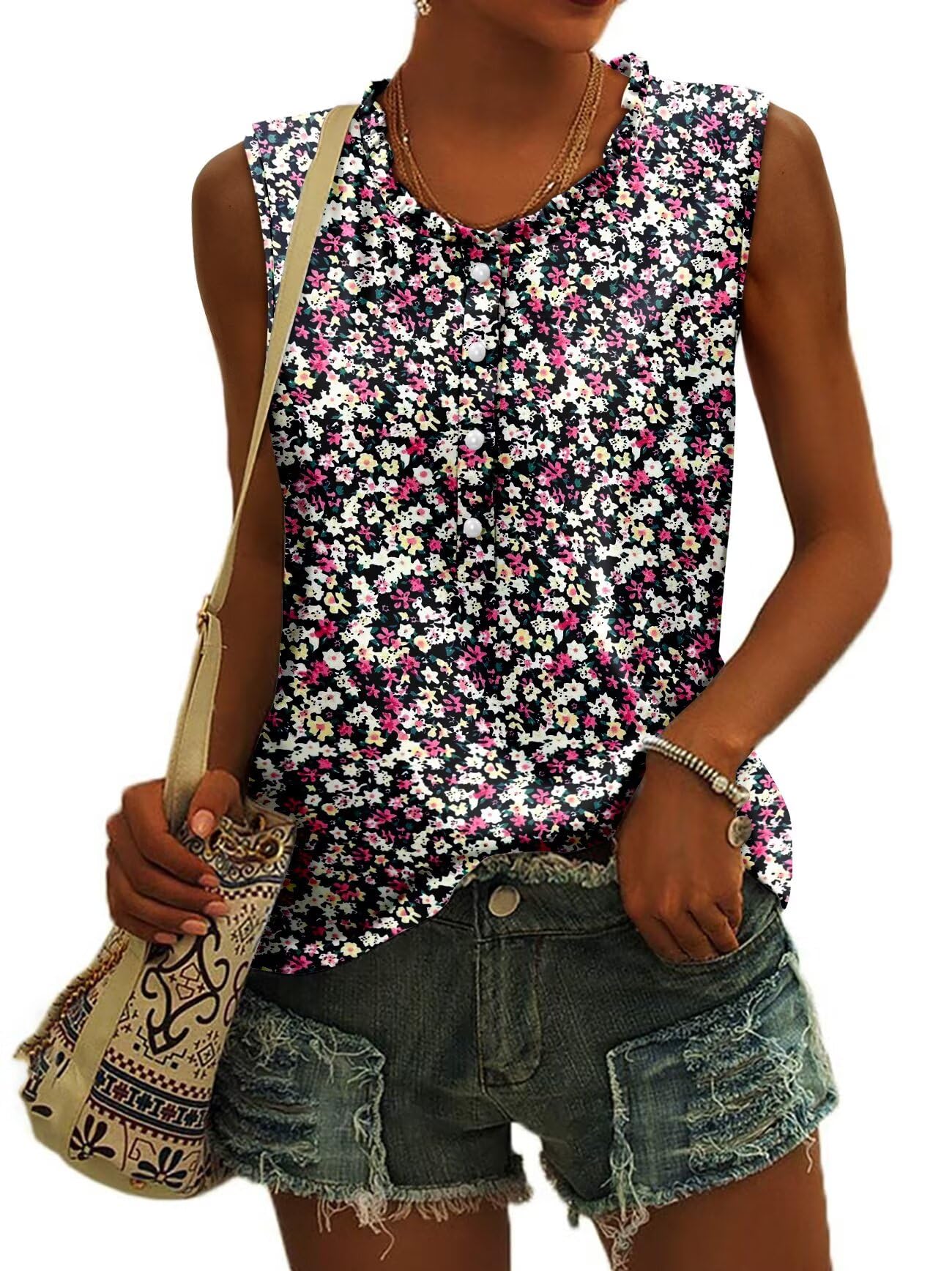 CRAZY GRID Women's Sleeveless Floral Slim Fit Tank Top Tee Violet Red Size XXL