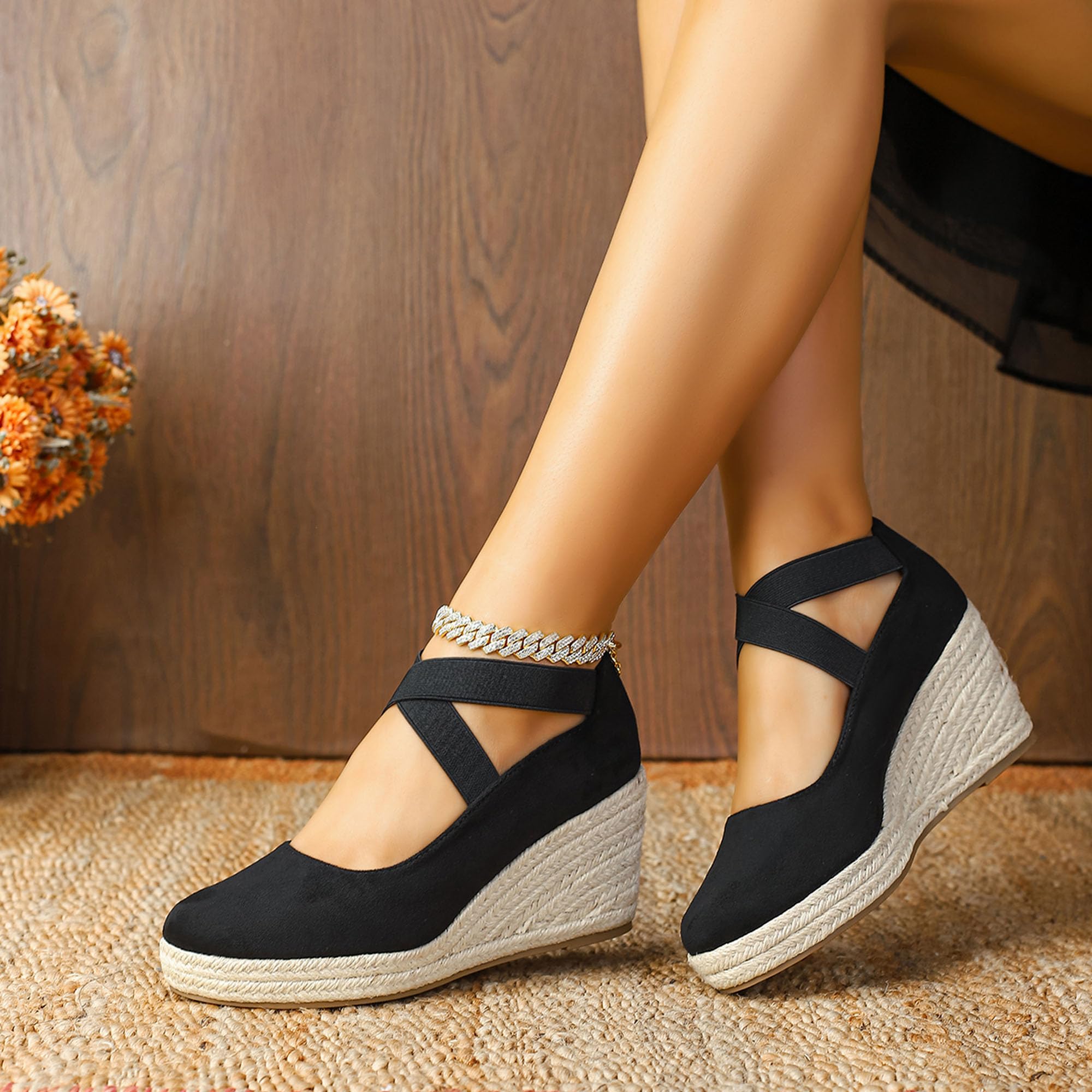 Lotgnimry Womens Espadrilles Sandals Closed Toe Wedge G-black/Suede US 6