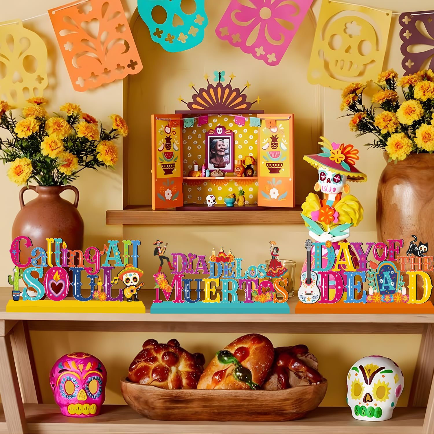 4Pcs Dia De Los Muertos Wooden Table Centerpieces Mexican Decor Halloween