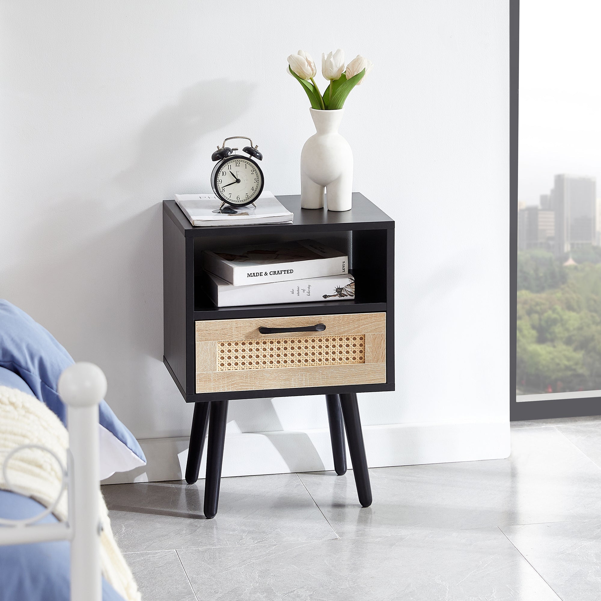 15.75" Rattan End table with drawer and solid wood legs Modern nightstand side table for living room black