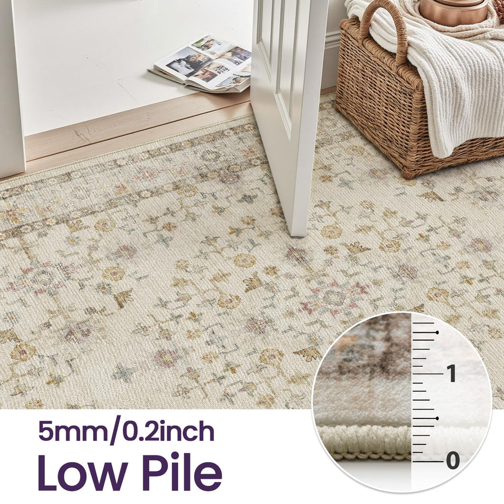 DEXI 4x6 Floral Washable Low Pile Area Rug Non Slip Blue Grey Polyester