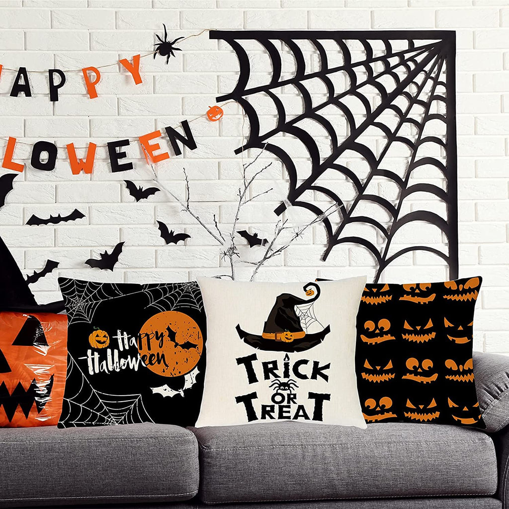 Sadaunbe Halloween Pillow Covers Set of 4 Black Orange 20x20 Inches Linen