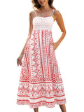 Gardenwed Women's Floral Maxi Dress Spaghetti Strap Smocked Bodice Red Size L