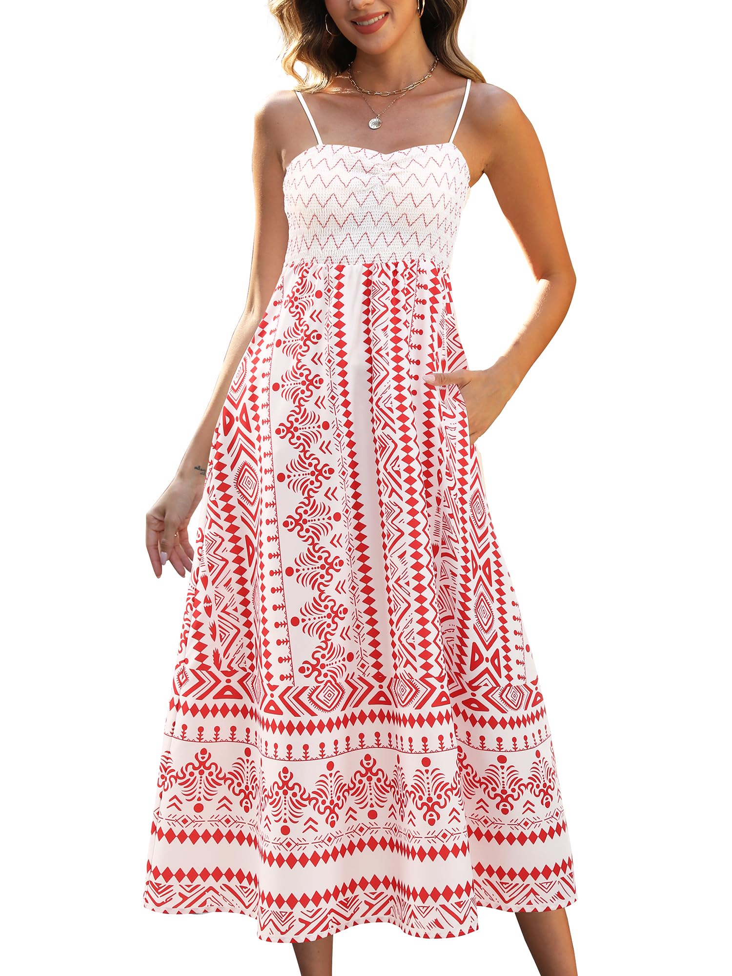 Gardenwed Women's Floral Maxi Dress Spaghetti Strap Smocked Bodice Red Size L