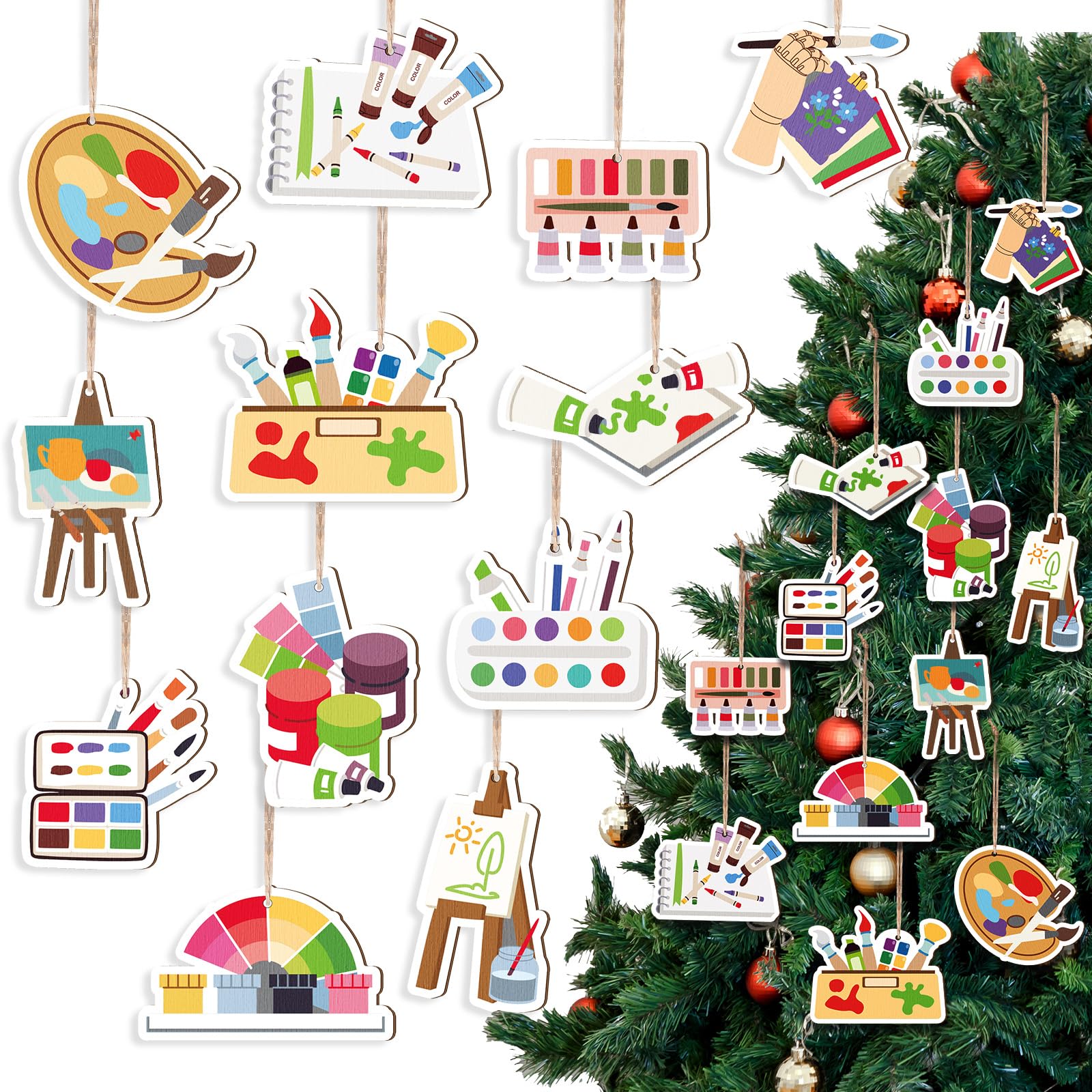 Threehoney 48Pc Wooden Christmas Ornaments Painting Tools Colorful 2.36-2.76in