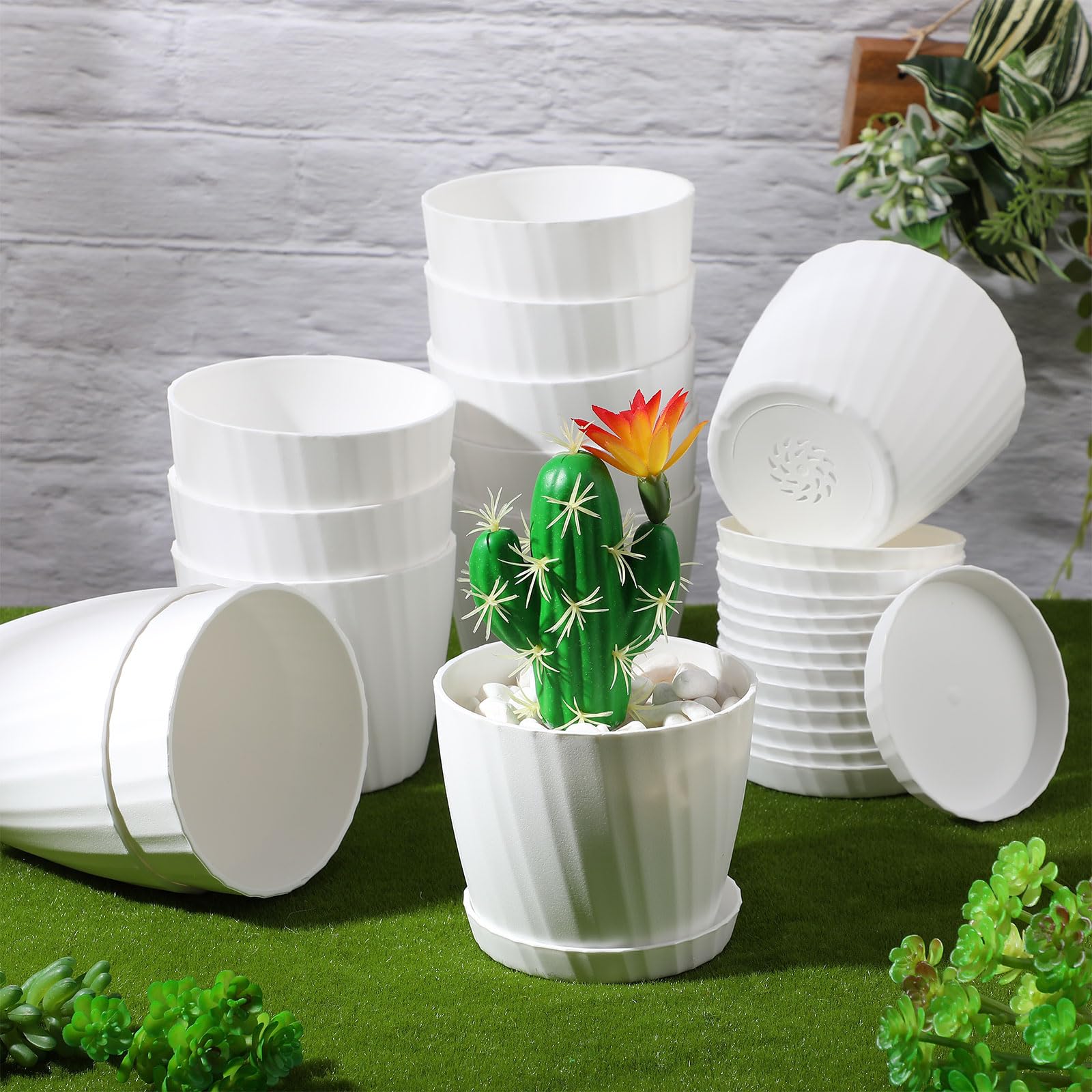 Layhit 30 Pcs 4.5 Inch White Plastic Plant Pots with Drainage Holes & Saucers