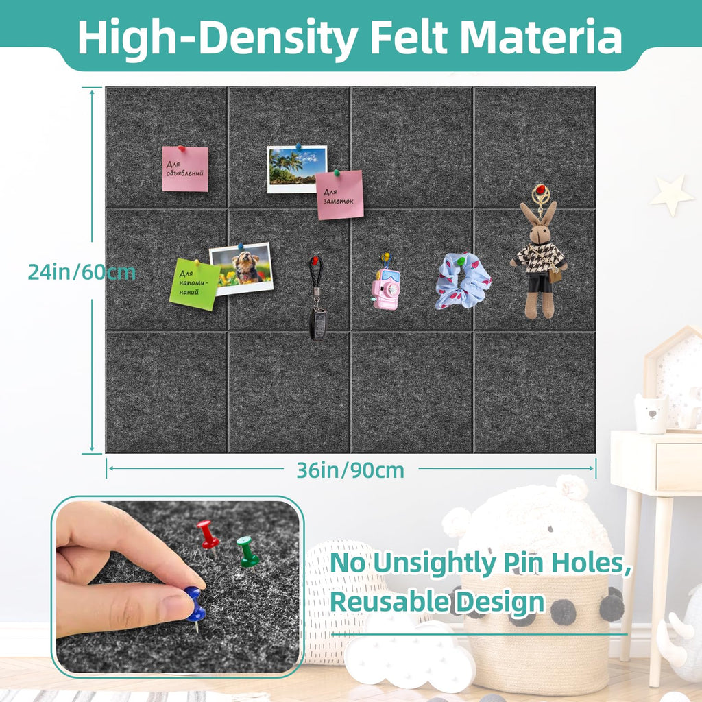 URMMIY Large Cork Board 12 Pack Felt Wall Tiles 47x35in Gray with Push Pins