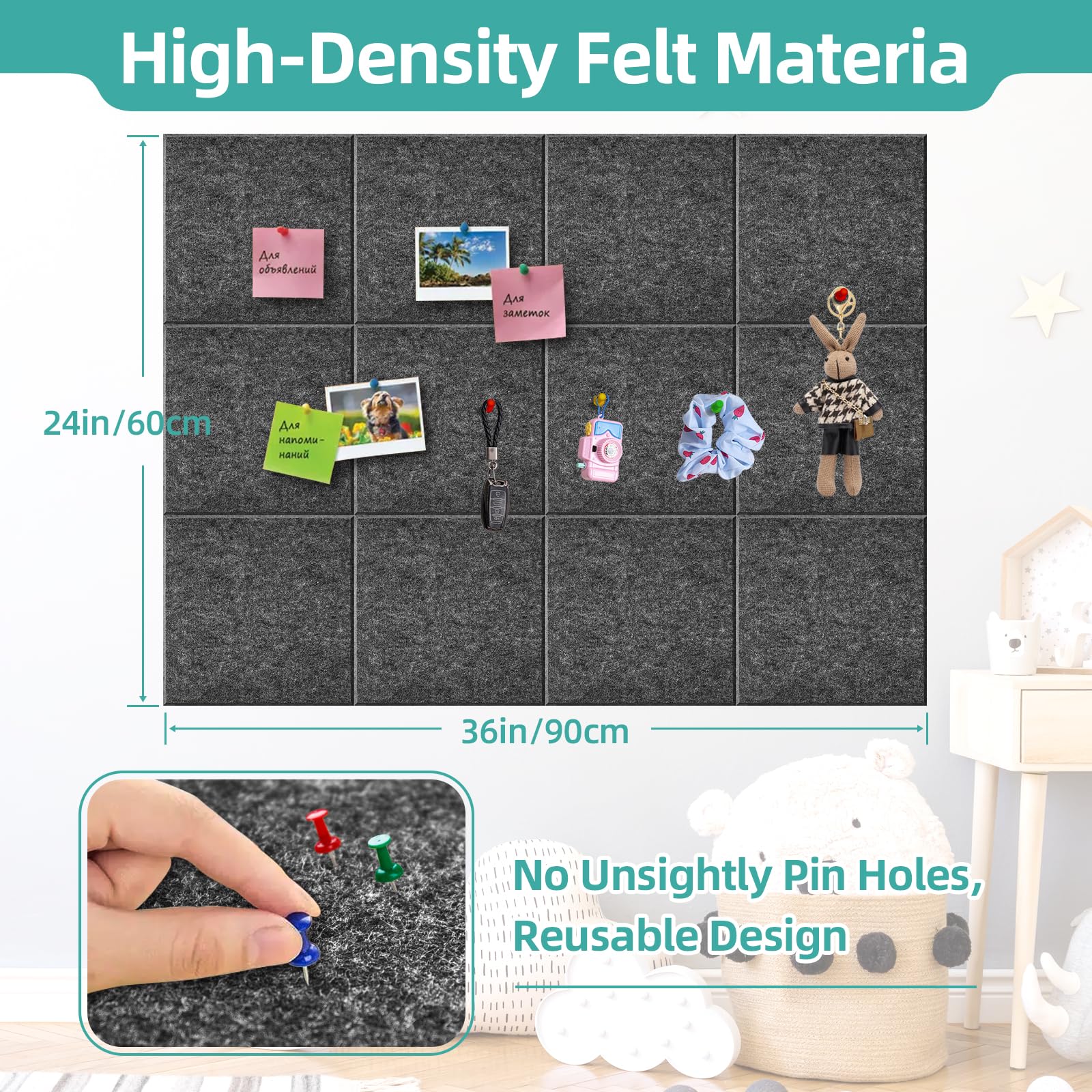 URMMIY Large Cork Board 12 Pack Felt Wall Tiles 47x35in Gray with Push Pins